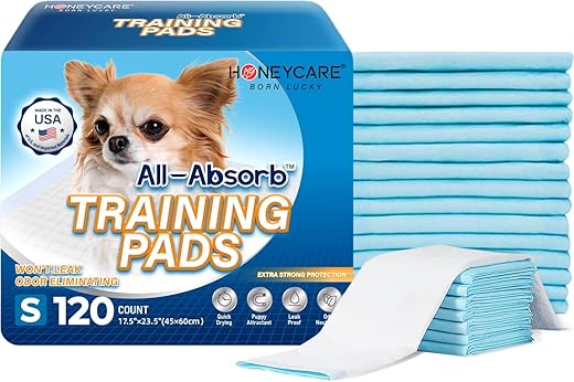 Honey Care All-Absorb, Small 17.5″ x 23.5″, 120 Count, Dog and Puppy Training Pads, Ultra Absorbent and Odor Eliminating, Leak-Proof 5-Layer Potty Training Pads with Quick-Dry Surface, Blue, A05