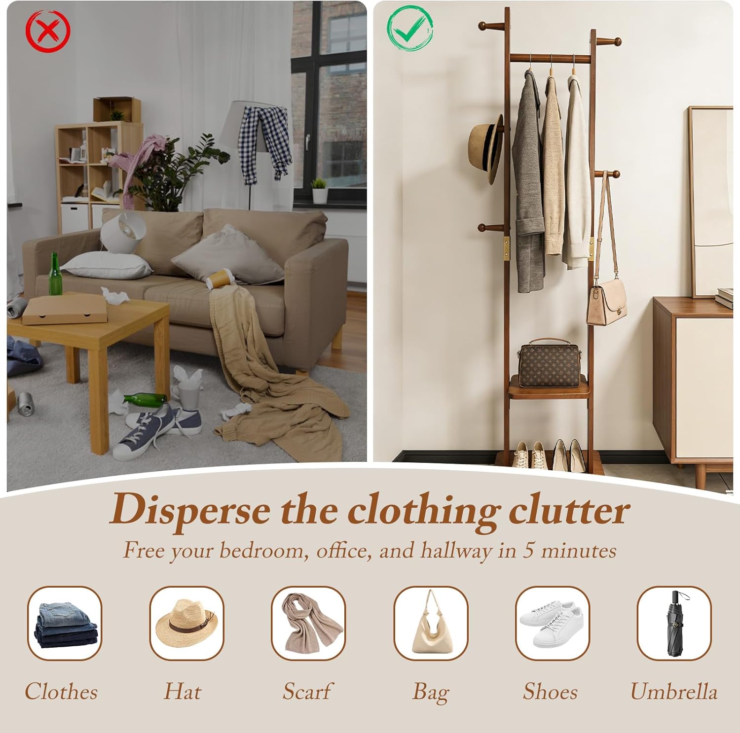 Coat Rack Freestanding Clothing Rack with Rolling Casters, 5 Hooks & 2 Storage Shelves, Heavy Duty Clothes Rack Wood Coat Tree Stand Hat Hanger Rack (Walnut Brown, 11.4" x 18.5" x 63")