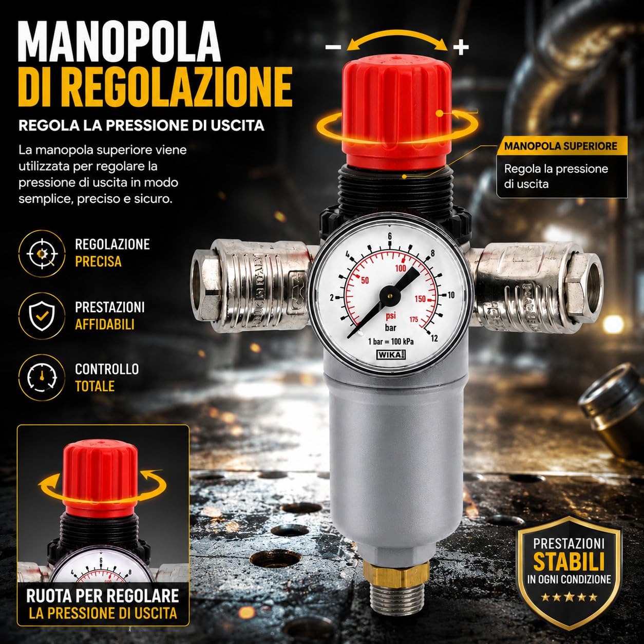 Regolatore di Pressione per Compressore con Filtro Aria Manometro 2 Uscite Universali Raccordo 3/8" Maschio 12 Bar 180 L/min