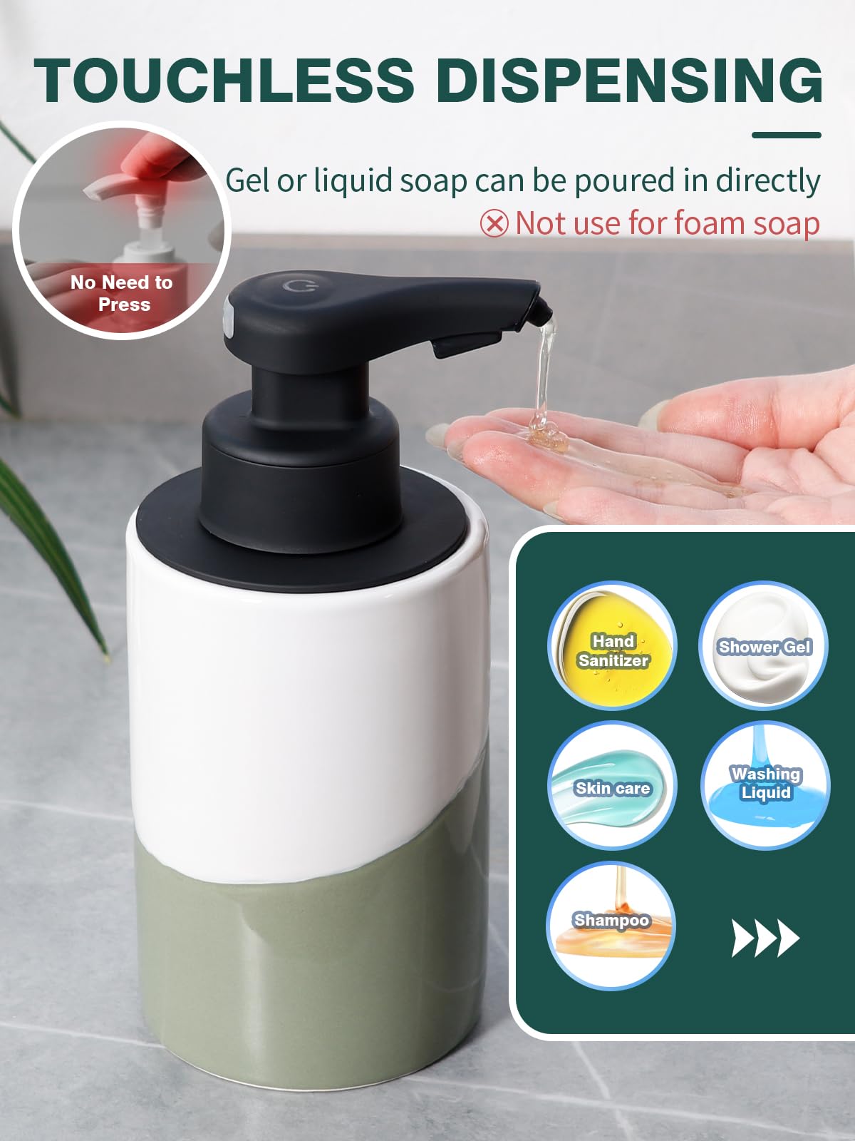 BosilunLife Dispenser automatico di sapone in ceramica a mano libera con pompa impermeabile ricaricabile Smart Electric Lotion Soap Dispenser Touchless Dispenser di sapone per piatti (bianco-verde,
