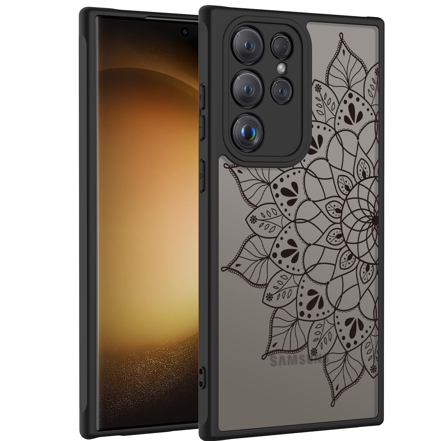 LUMARKE for Samsung Galaxy S23 Ultra Case with Enhanced Camera Lens Protection, Translucent Matte Acrylic Phone Cover - Cute Aesthetic Floral Design for Women Girls - Black Mandala