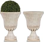 Worth Garden Plastic Urn Planters for Outdoor Plants, Tree 22'' Tall 2 Pack Round Classic Resin Flower Pots Indoor Beige Traditional Front Porch 15 in Dia. Large Imitation Stone Decorative Patio Deck