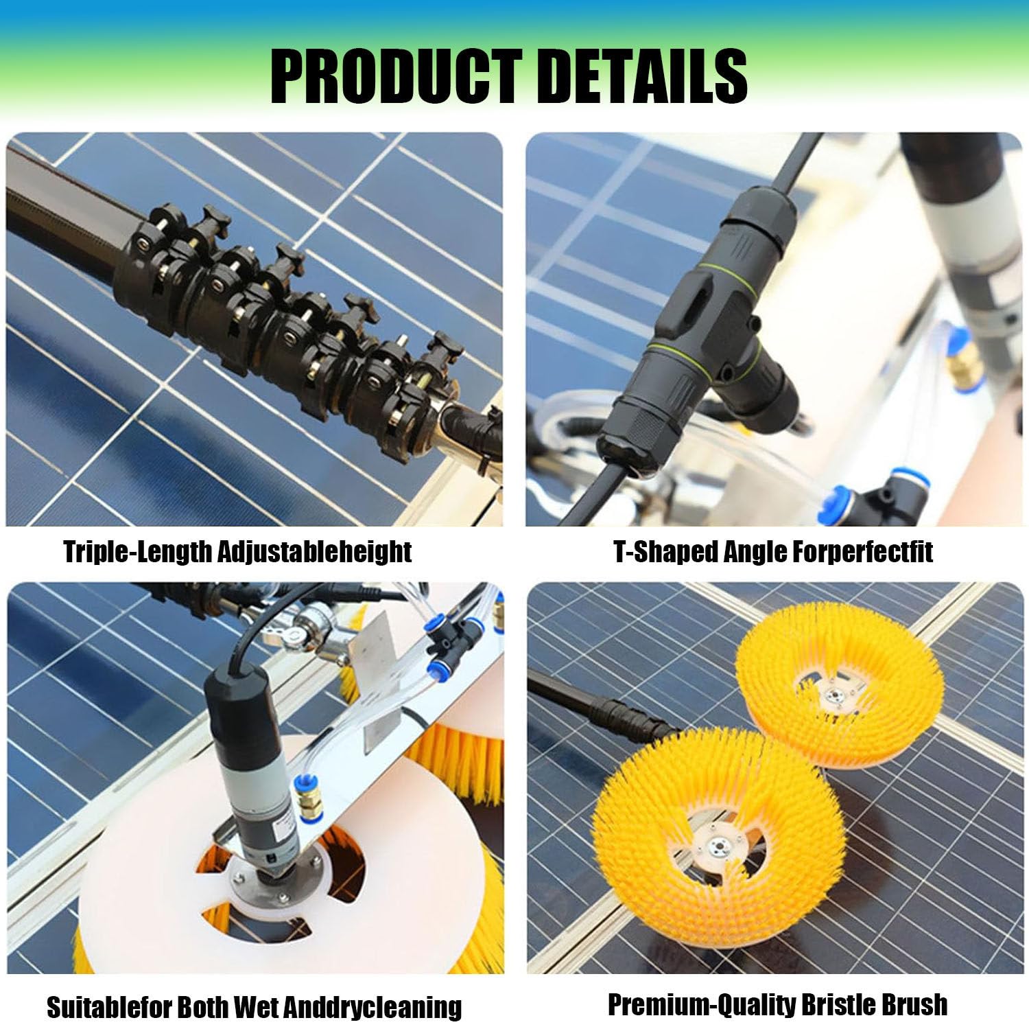 Brosse automatique à double tête avec tête de 65 cm de large, tige télescopique, système d'alimentation en eau pour façades et panneaux photovoltaïques, 3,5 m
