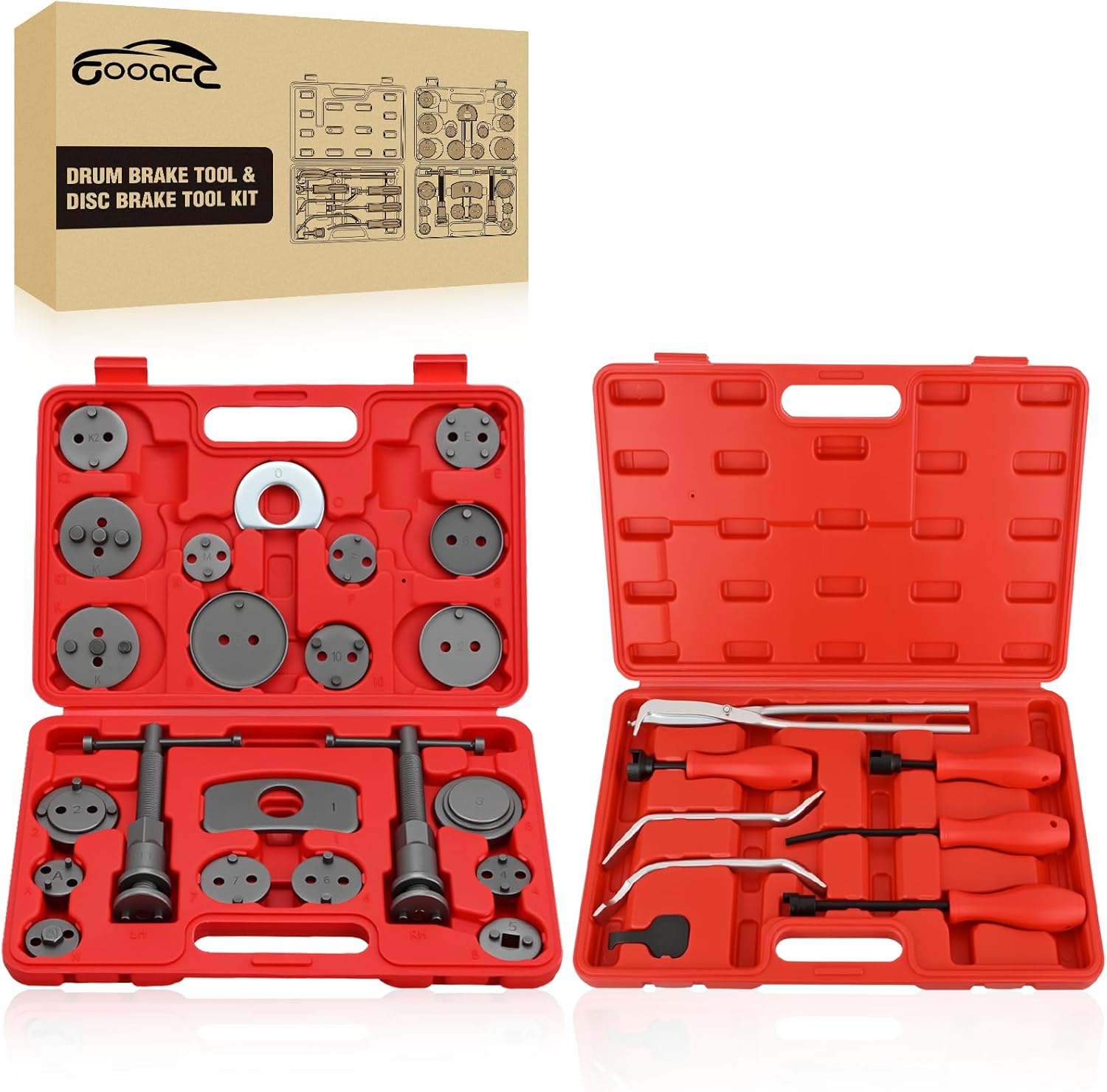GOOACC 8PCS Drum Brake Tool Kit & 22PCS Disc Brake Caliper Compression Tool Set,2 in 1 brake tools kit with drum brake spring tool Caliper Piston Rewind Compressor Tool for Brake Installer Remover Red