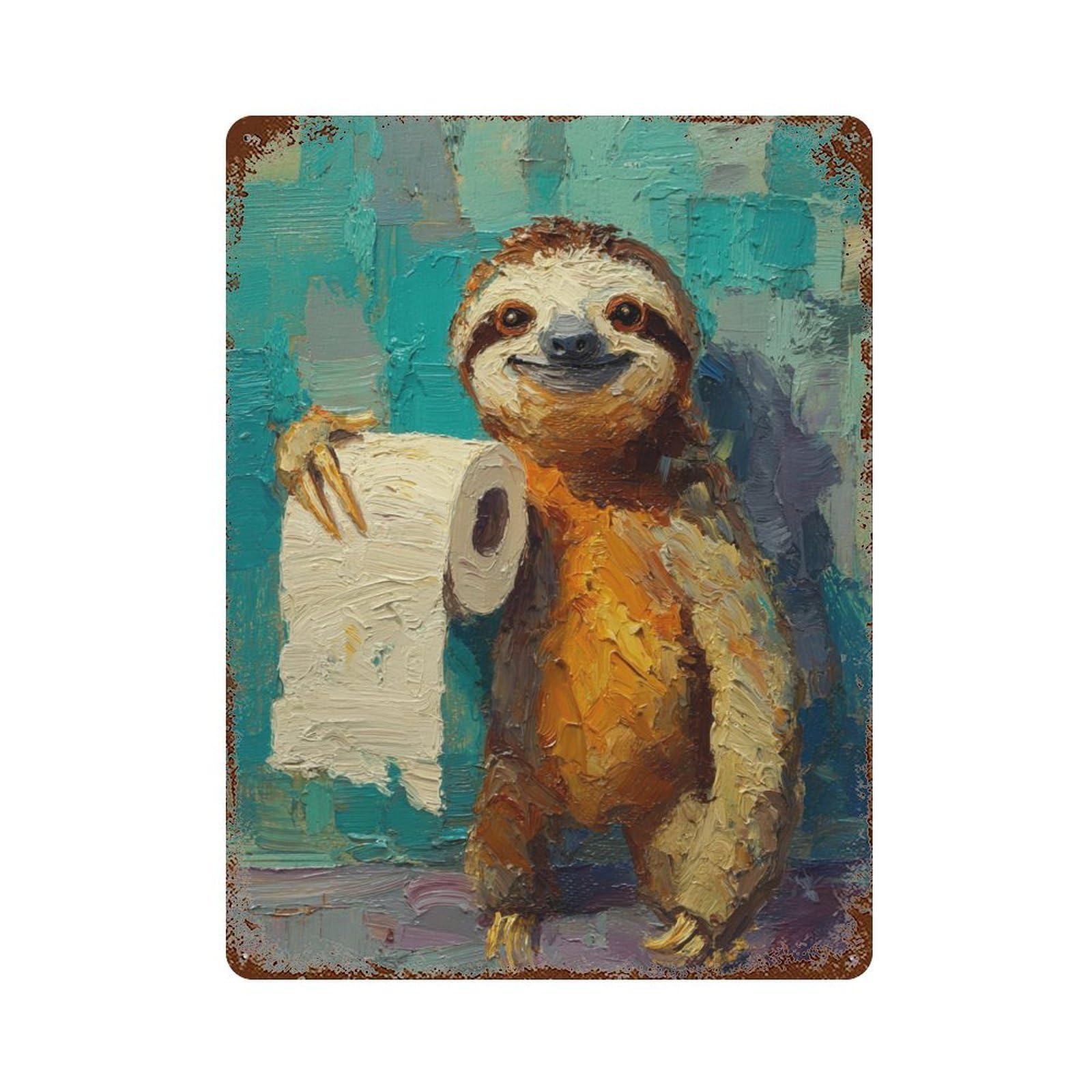 Garage Style Sloth Holding Toilet Paper Roll Rust Effect Tin Sign 15.7"x11.8", Rustic Home Decor for Bar And Workshop
