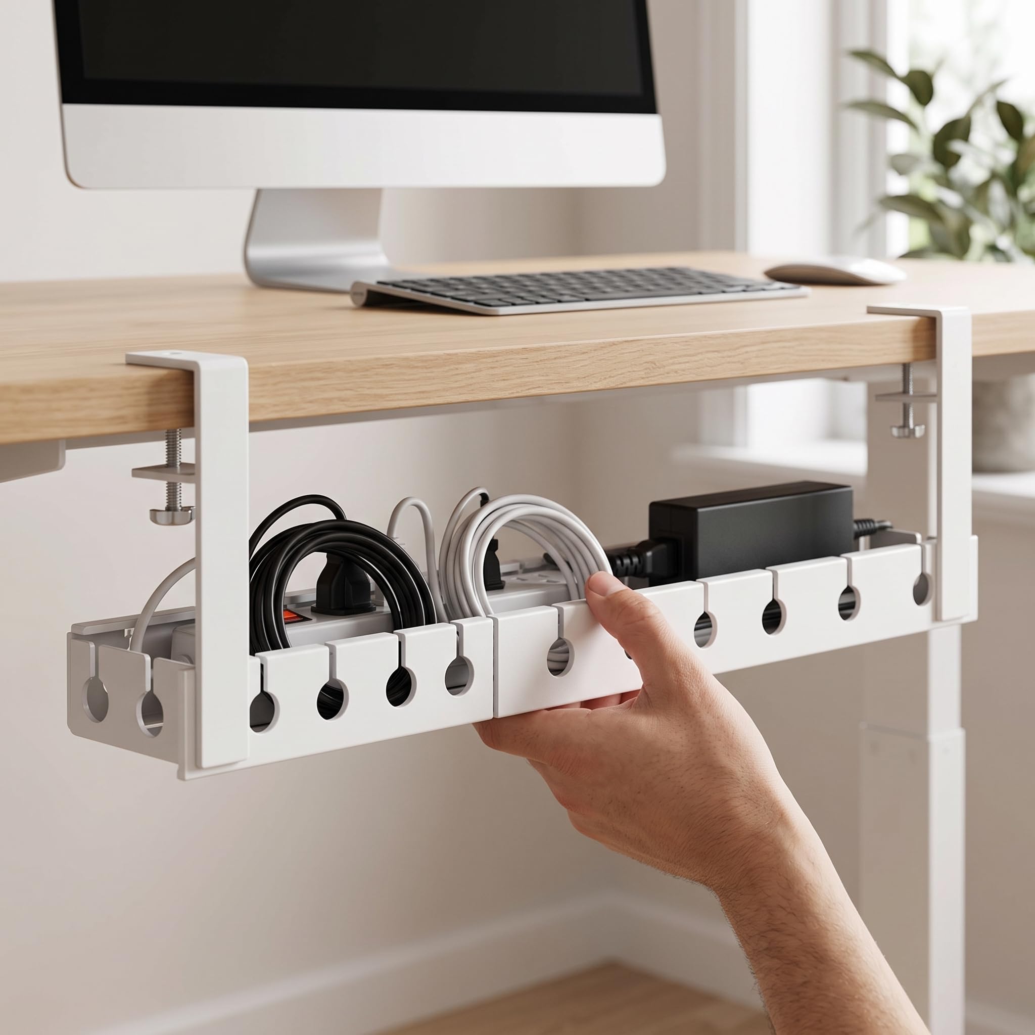 Contenitore Cavi Sotto Scrivania con Morsetto, Gestione Cavi Elettrici in Metallo per Ufficio, Capacità 20kg, per Elettronica, Bianco, Estensibile