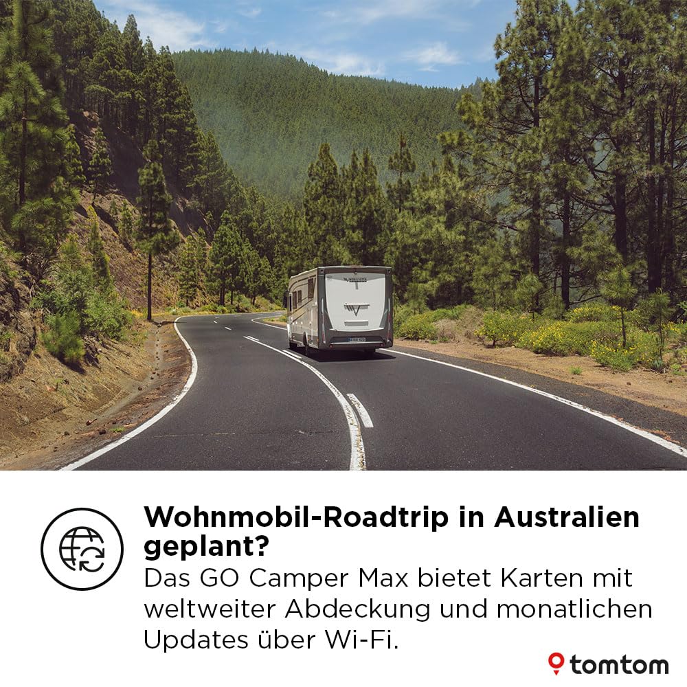 TomTom Camper Navi GO Camper Max 2. Generation (7" Display, POI`s für Wohnmobil- und Wohnwagen, Updates via Wi-Fi, TomTom Traffic, Fahrzeugprofile speichern, Weltkarten, Umweltzonen vermeiden)