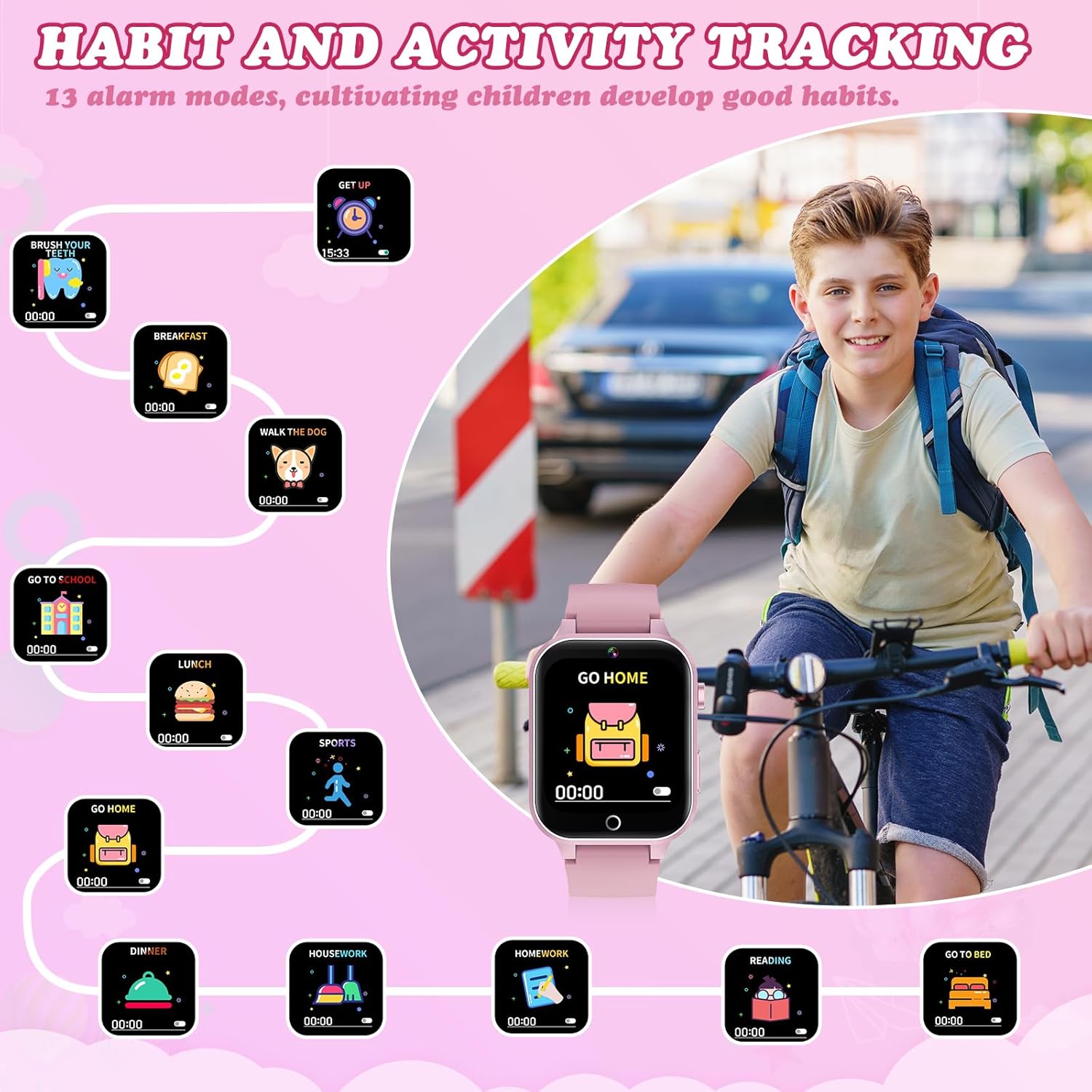 Kids Smart Watch with Camera, Video, Music Player, Alarm Clock, Stopwatch, Calendar, Pedometer, 1.54'' HD Touchscreen, Shockproof, IP68 Waterproof for Girls Boys 6-12 Years Old (Pink)