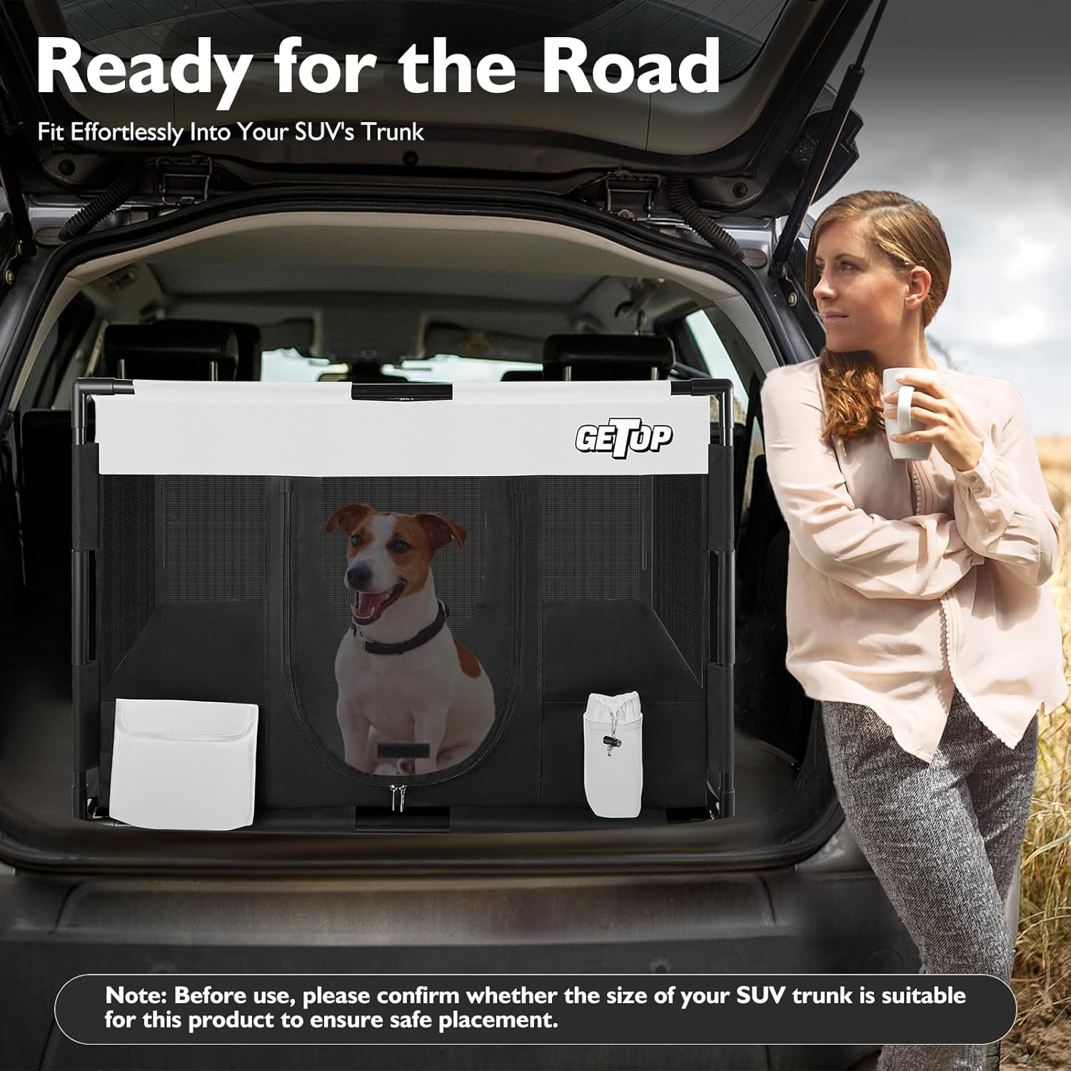 GETOP Pet Playpen, Stable Frame Dog ＆ Cat Kennel with Carry Bag, PVC Frame, PE Mesh Dog Crate, for Indoor and Outdoor Pet Puppy Kitty Small Animals Pen Cage (M-Size, White-Black)