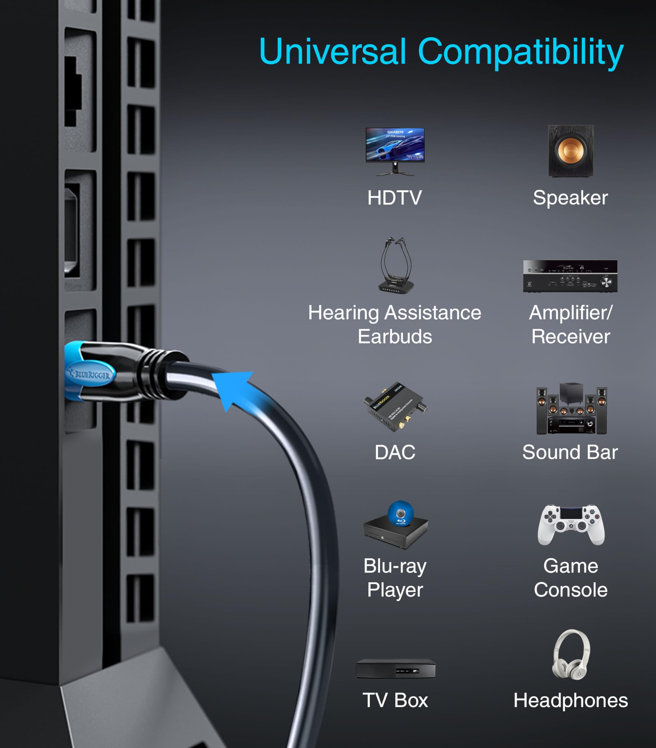 BlueRigger Cavo audio ottico digitale Toslink (100 m, cavo in fibra ottica, classe CL3 a parete, placcato oro 24 k), compatibile con Home Theatre, Sound Bar, TV, Xbox, Playstation PS5/PS4