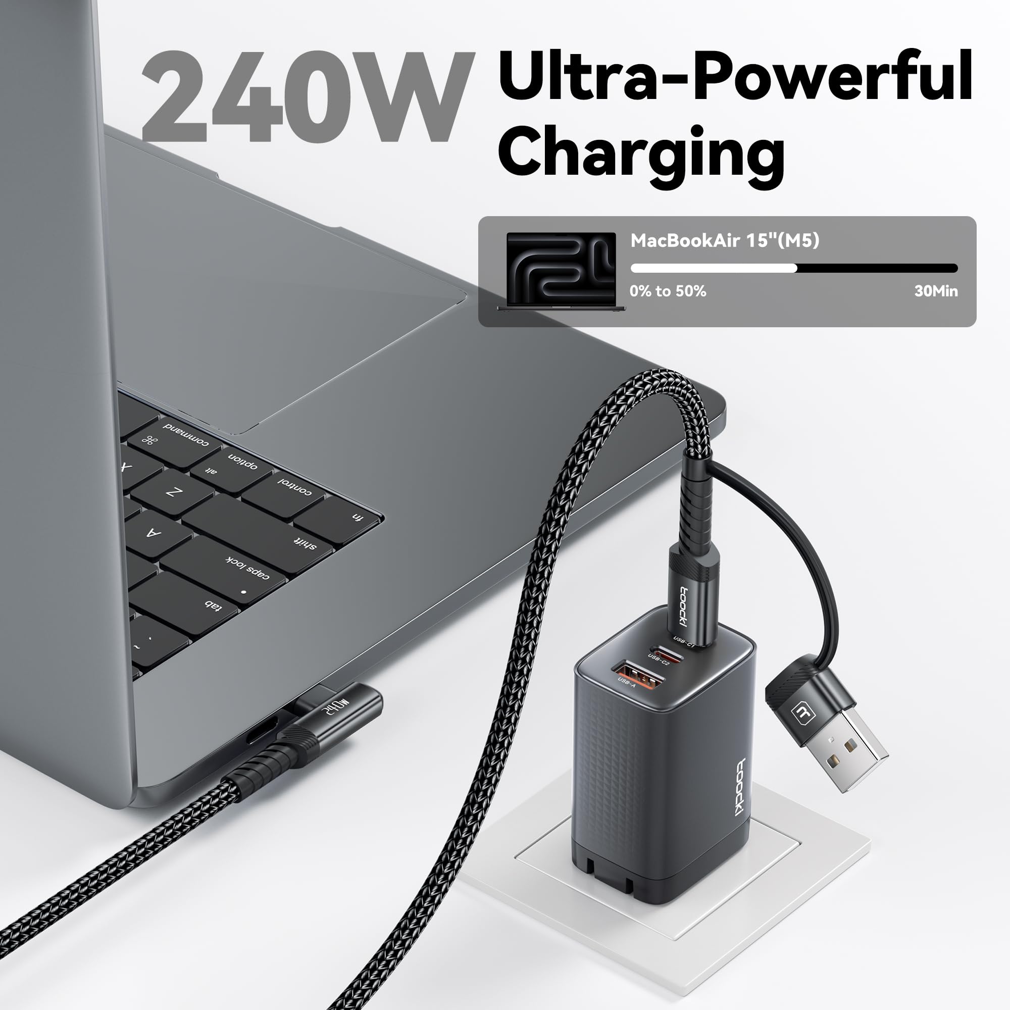 toocki Cavo da USB C a USB C da 240 W, 3,1 m, confezione da 2, cavo di ricarica 2 in 1 da USB A/C a tipo C, ad angolo retto PD 3.1, ricarica rapida per iPhone 17, 16, 15 Pro Max, MacBook Pro, iPad