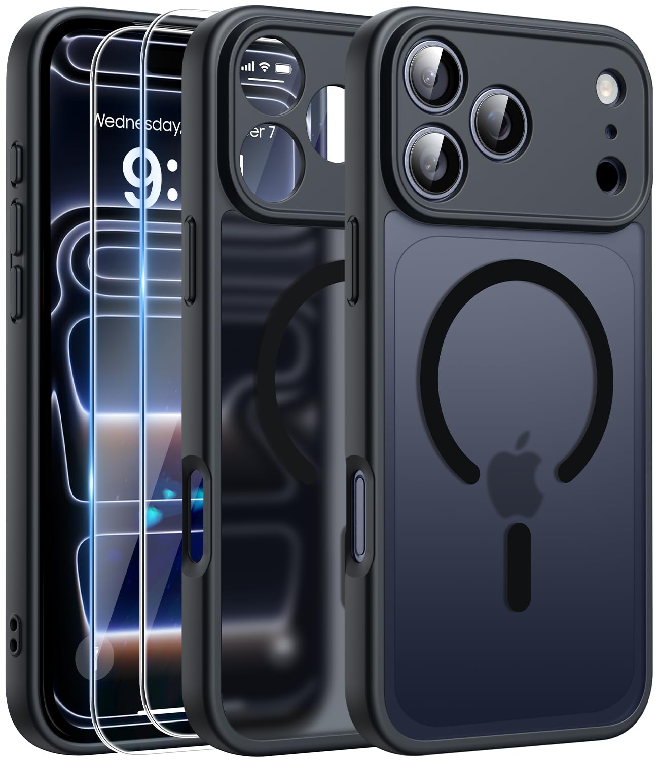 FLLAO Magnetica Cover per iPhone 17 Pro e 2 Pellicole in Vetro Temperato, Custodia iPhone 17 Pro Compatibile con Magsafe, Traslucida Opaca Posteriore Sottile Antiurto Protettiva Case, Nero