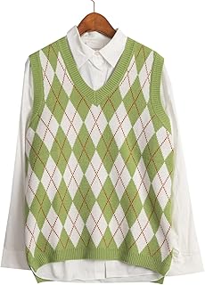 Sponsored Ad - Hyipels Argyle Sweater Vest Women y2k Plaid Knitted Streetwear Preppy Style V Neck Crop Knitwear School Tan...