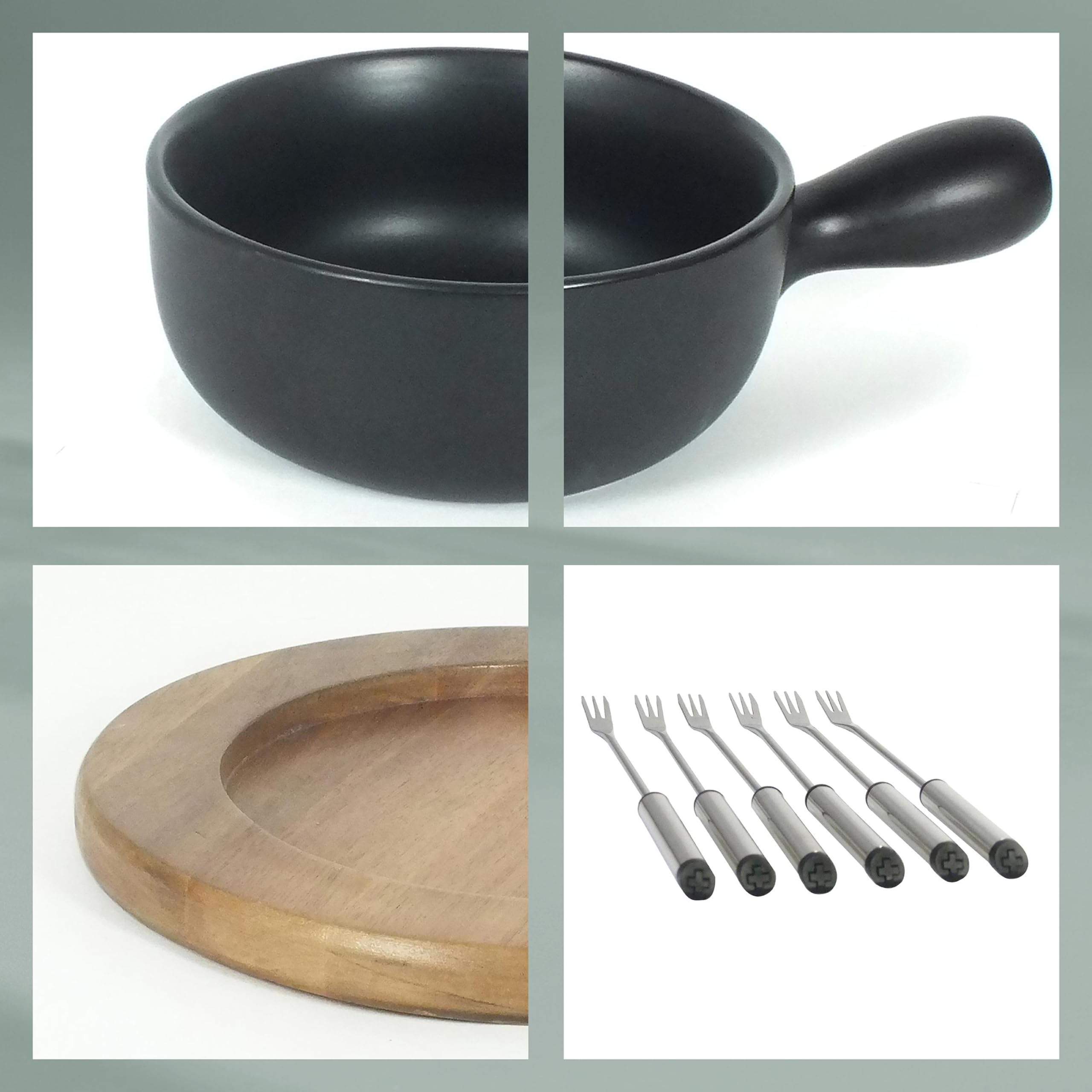 kela Käsefondue-Set Country, 10-teilig, Durchmesser 25 cm, 2 L, Keramik, schwarz, feuerfester Topf, Sicherheitspastenbrenner, Untersetzer aus Akazienholz, Rechaud, 6X Fonduegabeln, 16640
