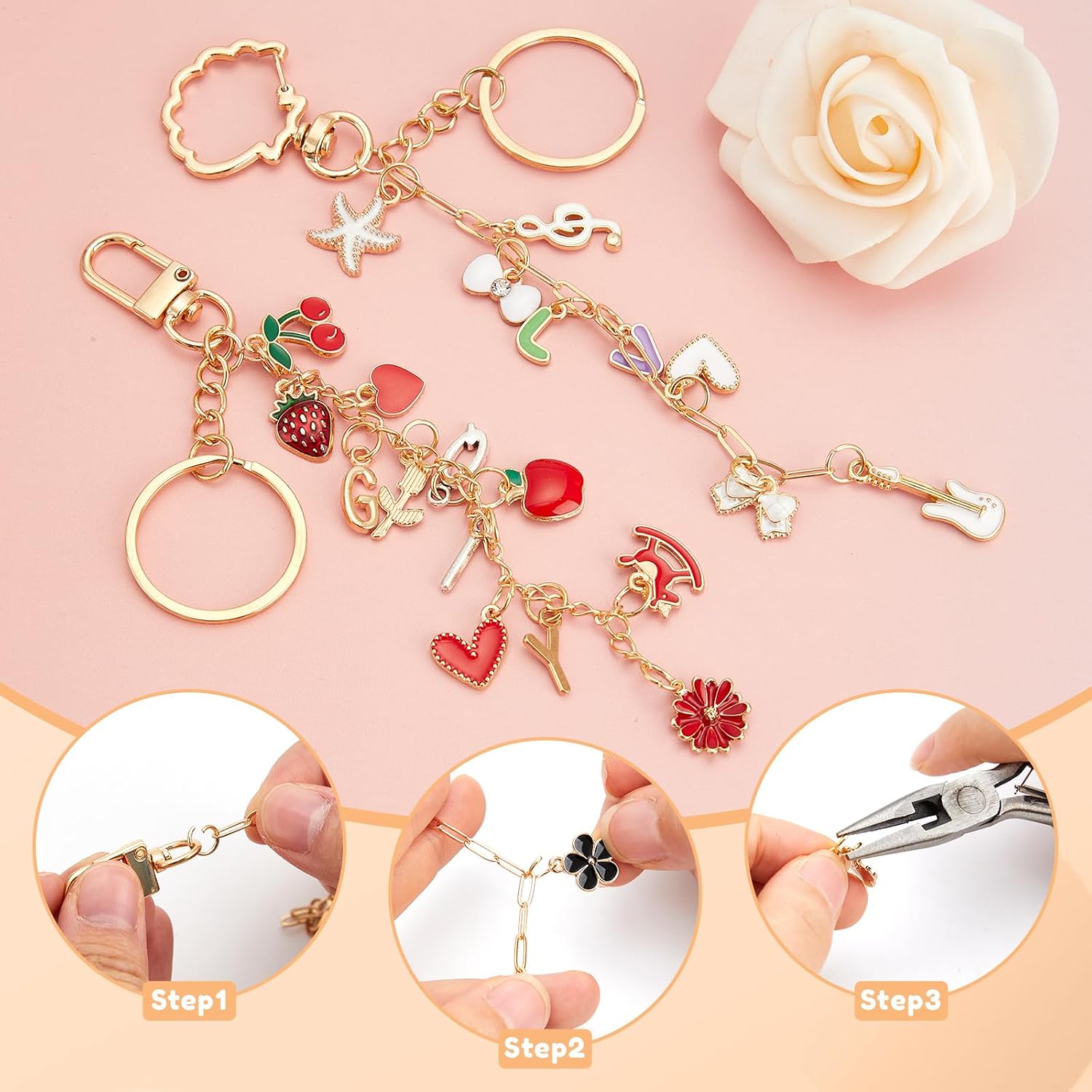 524Pcs DIY Keychain Making Kit with 218 Charms, Including 24 Keychain Clips Hooks 30 Extender Chain 200 Jump Ring Jewelry Plier Jewelry Making Supplies for Custom Key Ring Set Christmas Crafts Gifts