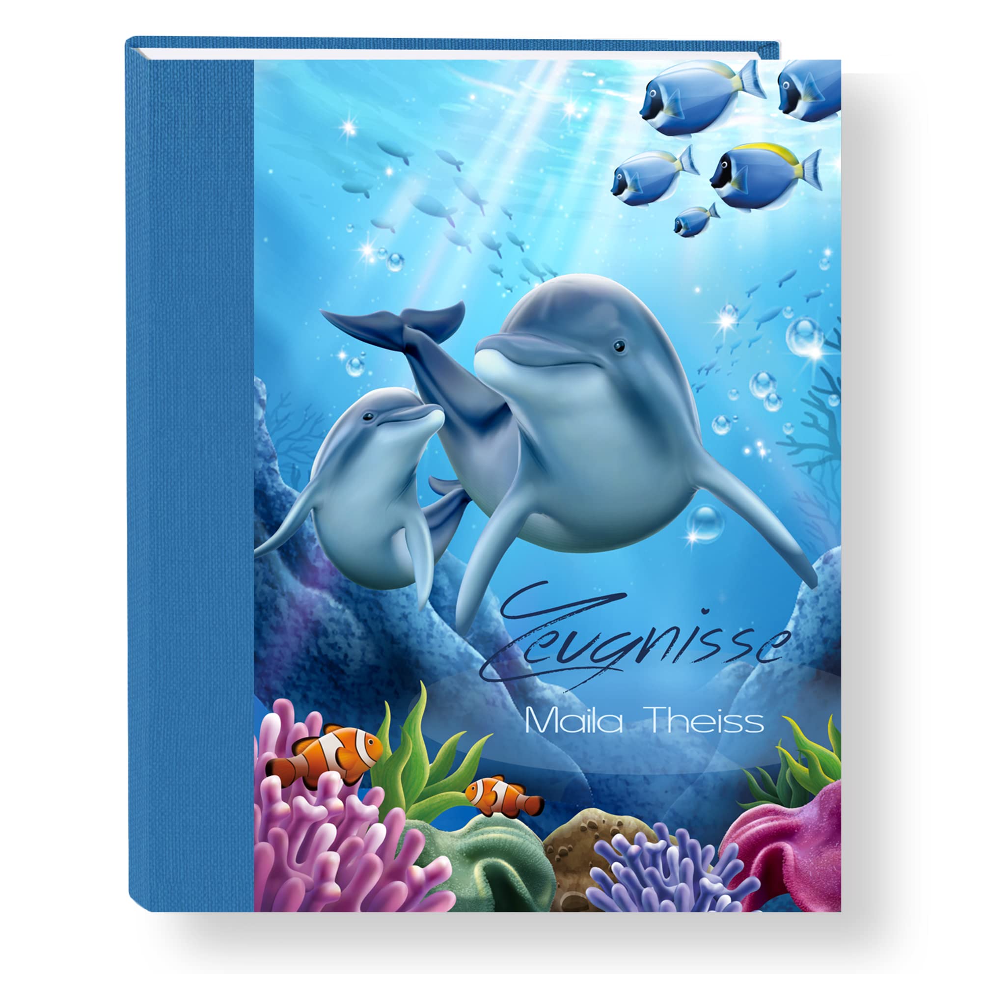 Zeugnismappe personalisiert Delfin Family A4 ca. 31x24 cm blau Zeugnisbuch Delphin Urkundenmappe Einschulung Schulanfang