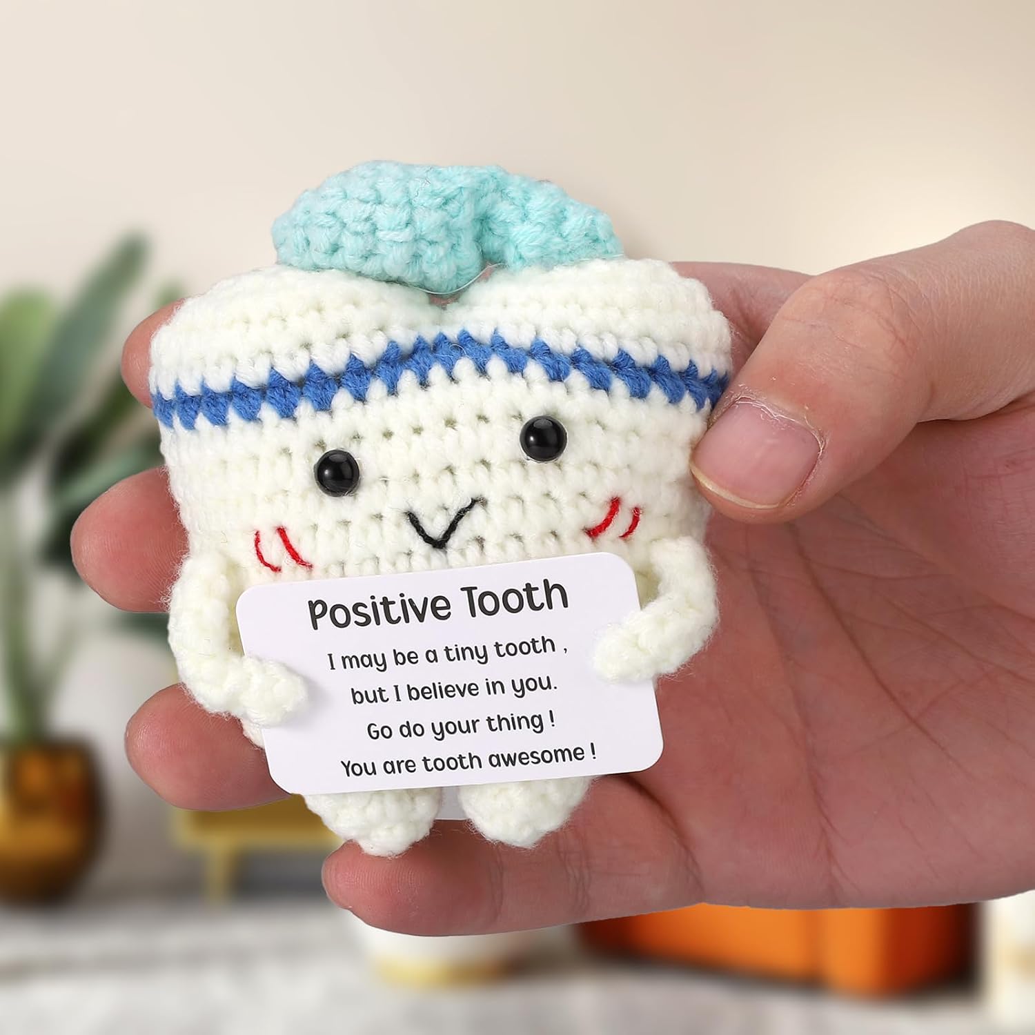 Funny Positive Tooth Doll, Handmade Crochet Plush Toy with Card Cute Dental Assistant Inspirational Gifts Emotional Knitted Support Desk Decor for Appreciation Birthday Presents