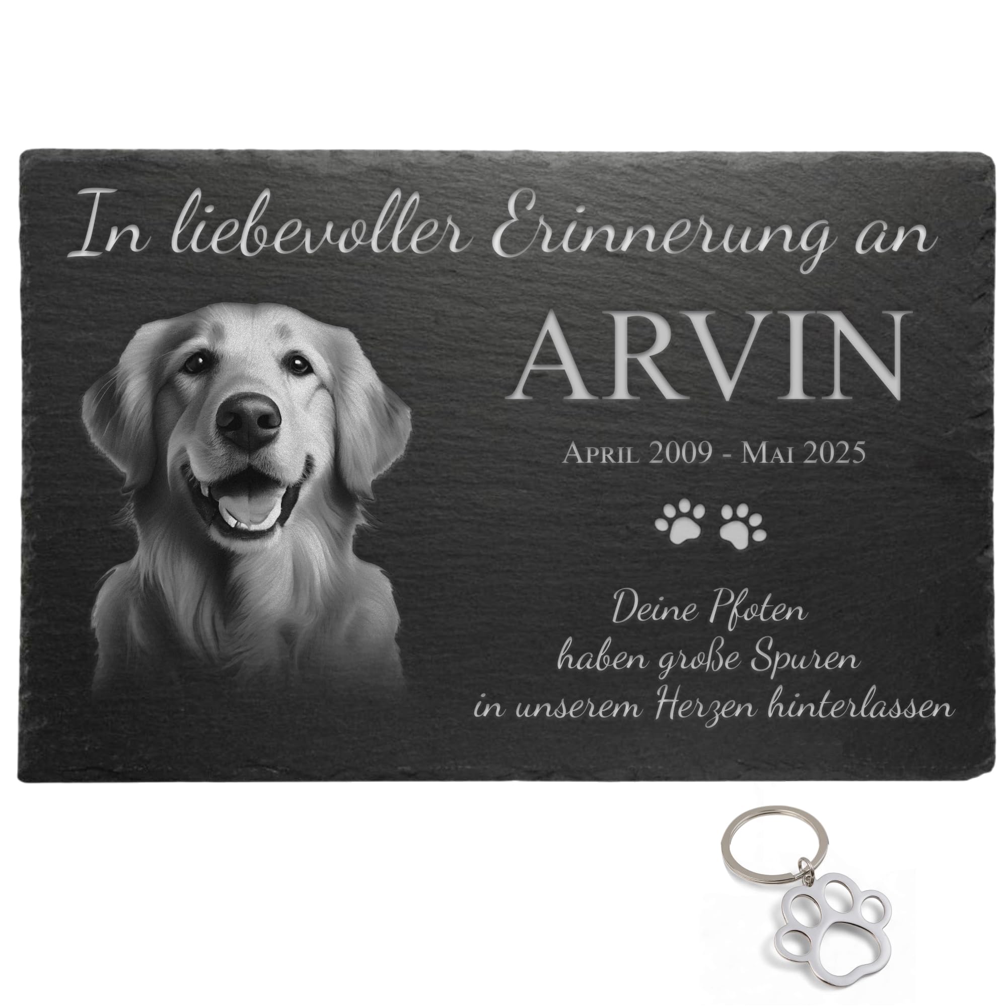 Hundegrabstein aus Schiefer – Personalisierter Grabstein für Hunde mit Foto & Gravur – Wetterfeste Gedenktafel für draußen mit Namen & Wunschtext – inkl. Pfoten-Schlüsselanhänger