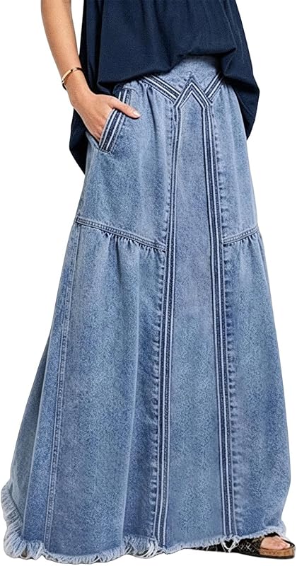 Women's High Waist A Line Frayed Maxi Long Denim Skirt with Pockets | Multi-Pocket, Casual Loose, Western Style, Classic Wash, Trendy Y2k Distressed, Patchwork Jean Skirt for Party Beach Festival