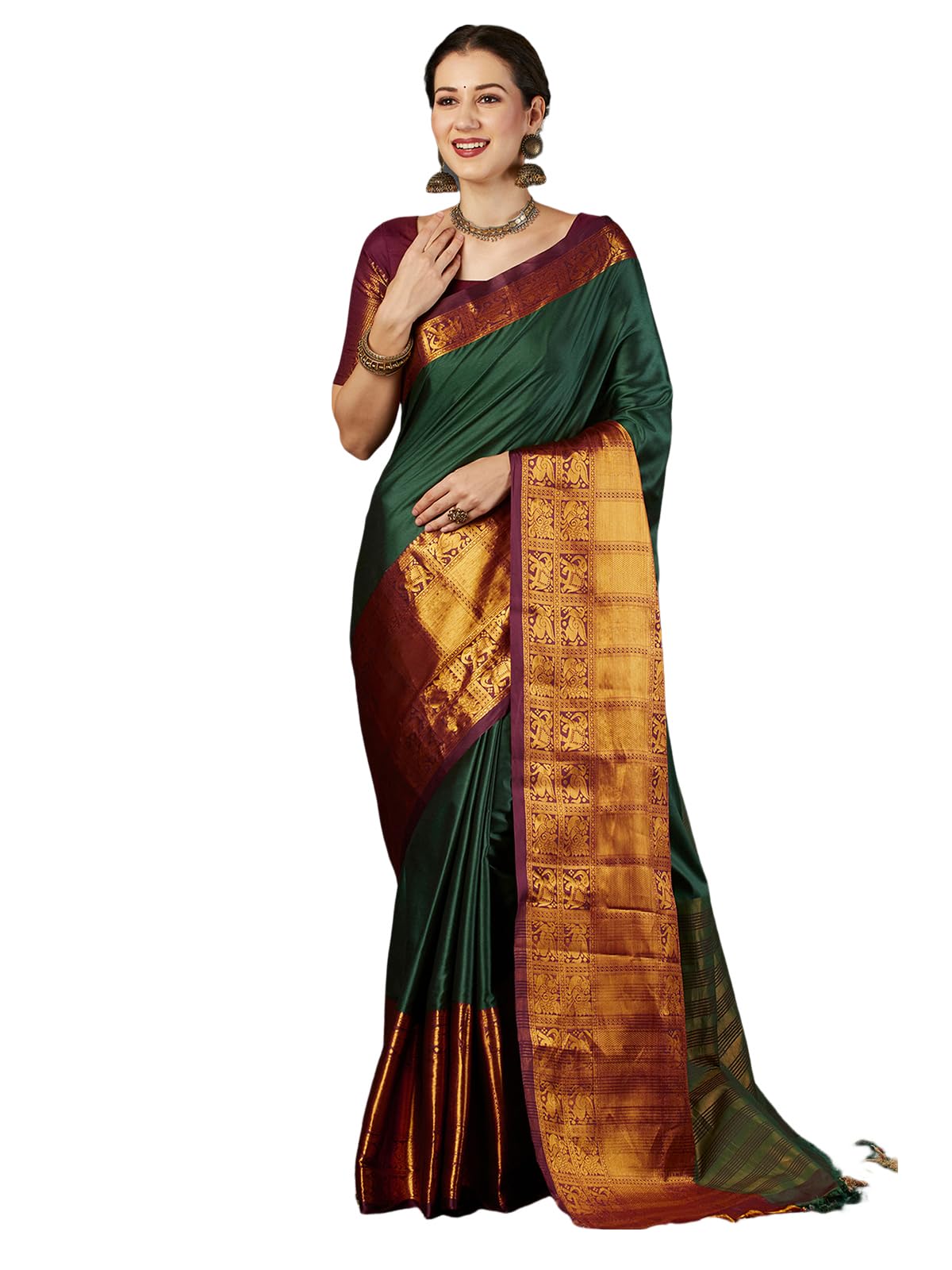 Satrani Women's Silk Blend Zari Stripe Jacquard Saree With Unstitched Blouse Piece (3746S2649N_Dark Green And Wine3)