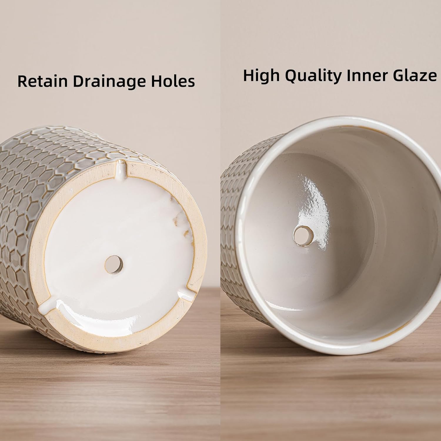 5.8 Inch Plant Pot: Ceramic Planter with Drainage Hole & Saucer - Flowerpot for Indoor & Outdoor Plants with Separate Tray for Home & Office - Honeycomb Design, Cream White - Image 3