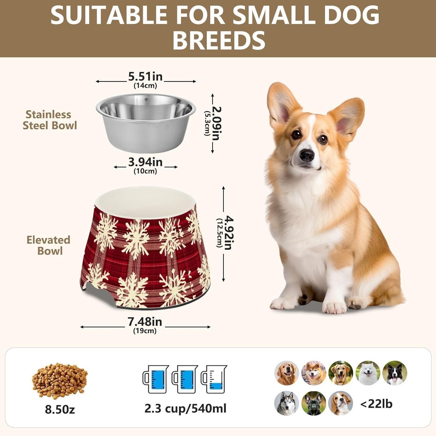 Snowflakes Christmas Plaids Red Raised Pets Water Bowl Elevated Stainless Steel Pets Basic Bowls for Small Pet Whisker Fatigue