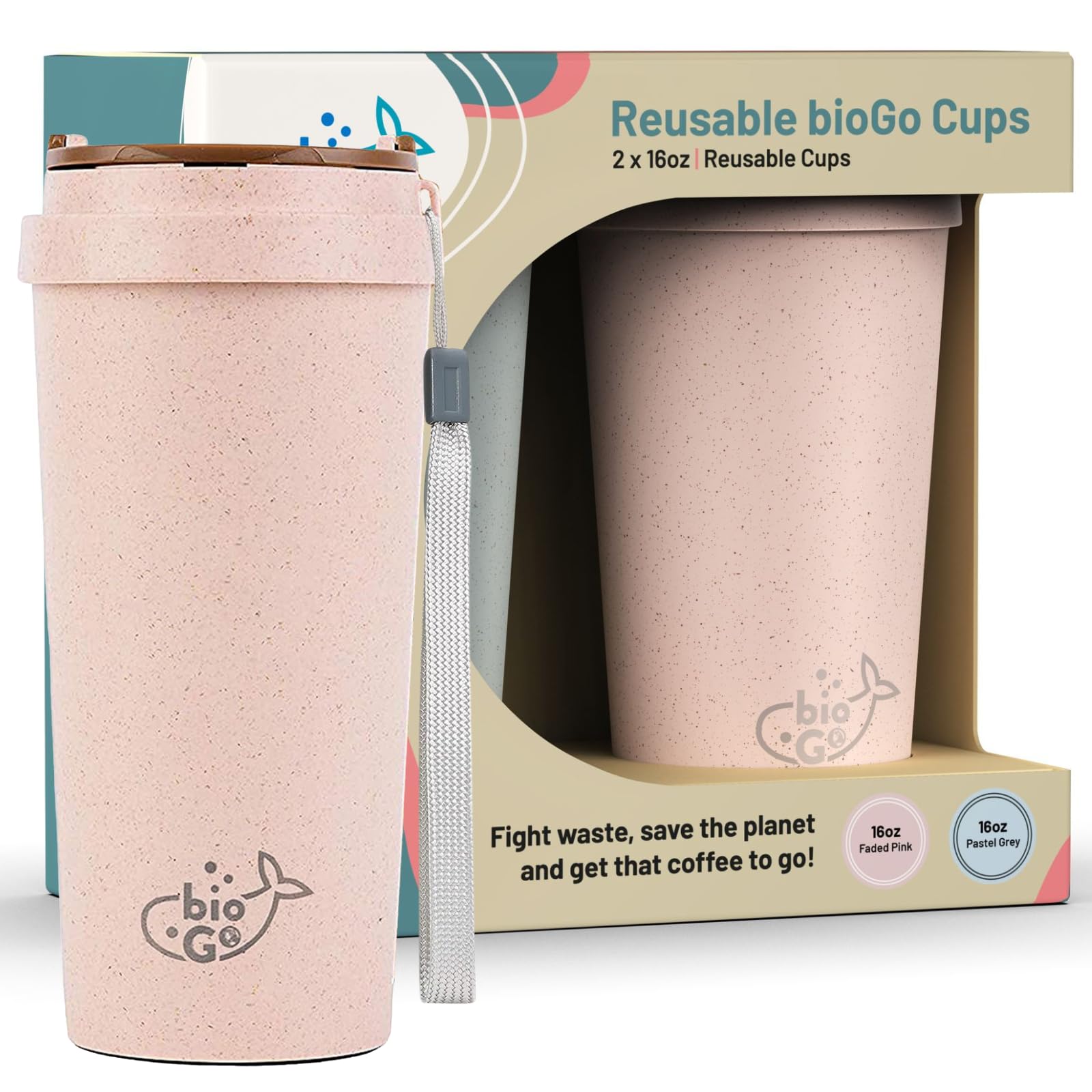 bioGo3 16oz Coffee Cups bundle - Perfect Size Travel Coffee Cups with Lids- Travel Mug (Faded Pink x2, Padel Gray, 16oz)