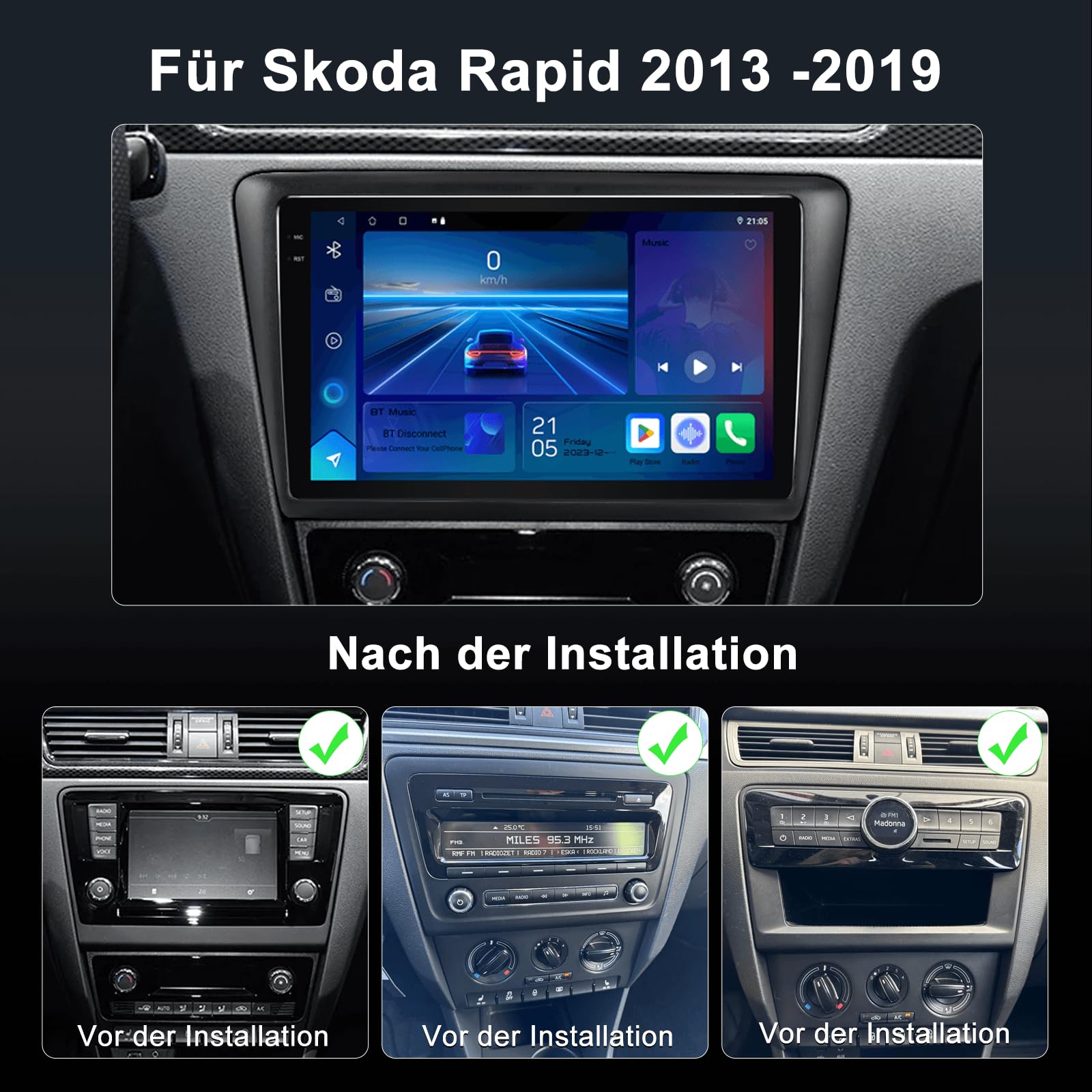 9 Zoll Autoradio für Skoda Rapid/Spaceback 2013-2019, Radio mit Kabellos CarPlay & Android Auto| 4+64G Android 13| QLED Display, 1080P Rückfahrkamera, GPS, WiFi, Bluetooth 5.4, DSP, RDS