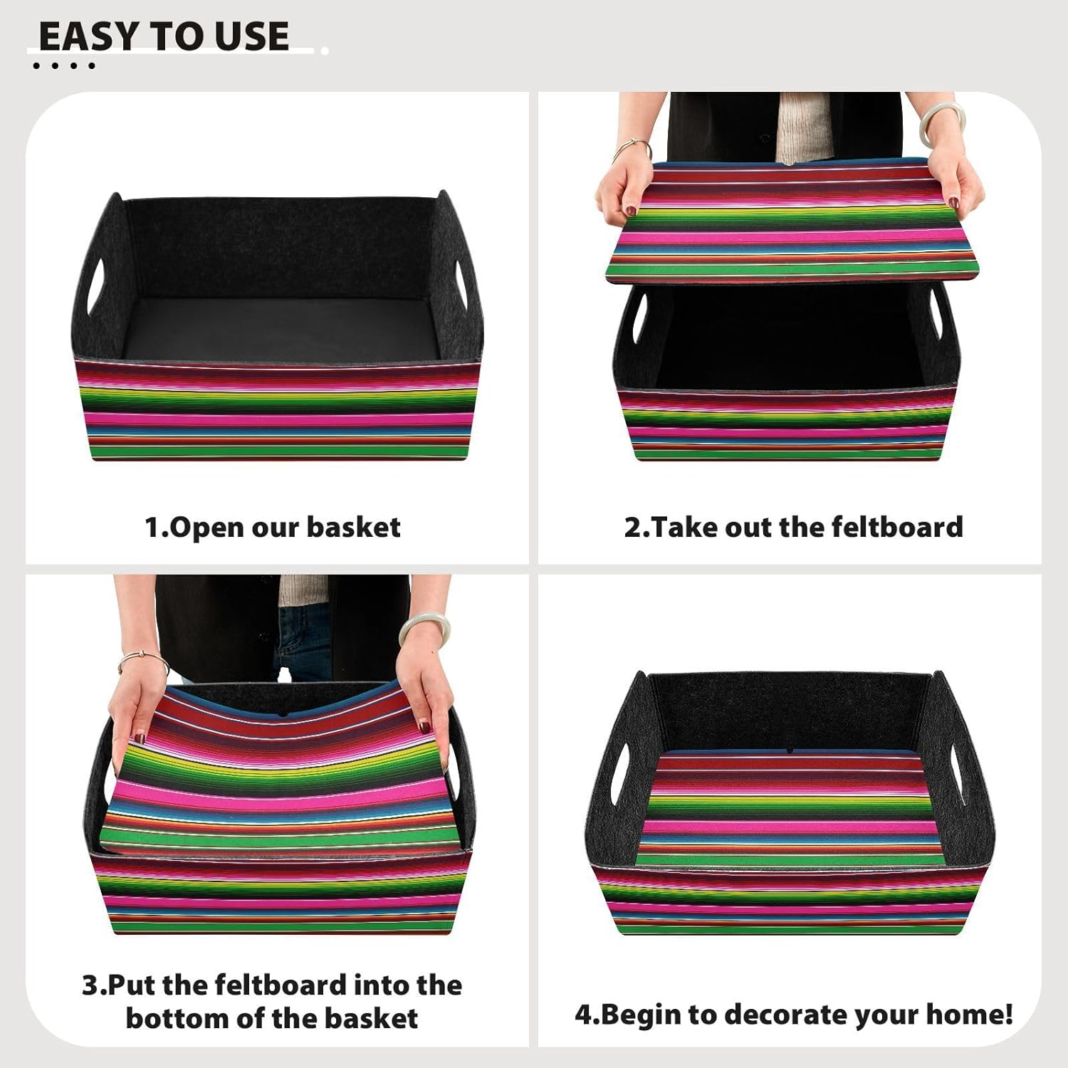 Kigai Mexican Serape Colorful Stripes Storage Basket, Foldable Open Storage Bins with Double Handle, Felt Storage Boxes for Office Desk, Rectangular Closet Organizer Containers for Home Bedroom