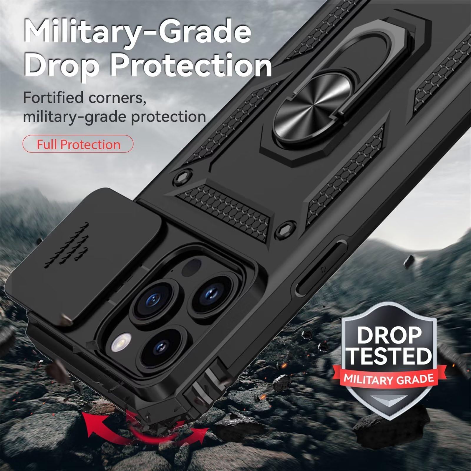 Cover per Iphone 15 Pro 6.1 Pollici con Vetro Temperato Custodia con Scorrevole Protezione Fotocamera Custodia Rotante Anello Supporto Antiurto TPU Bumper Custodie-Nero