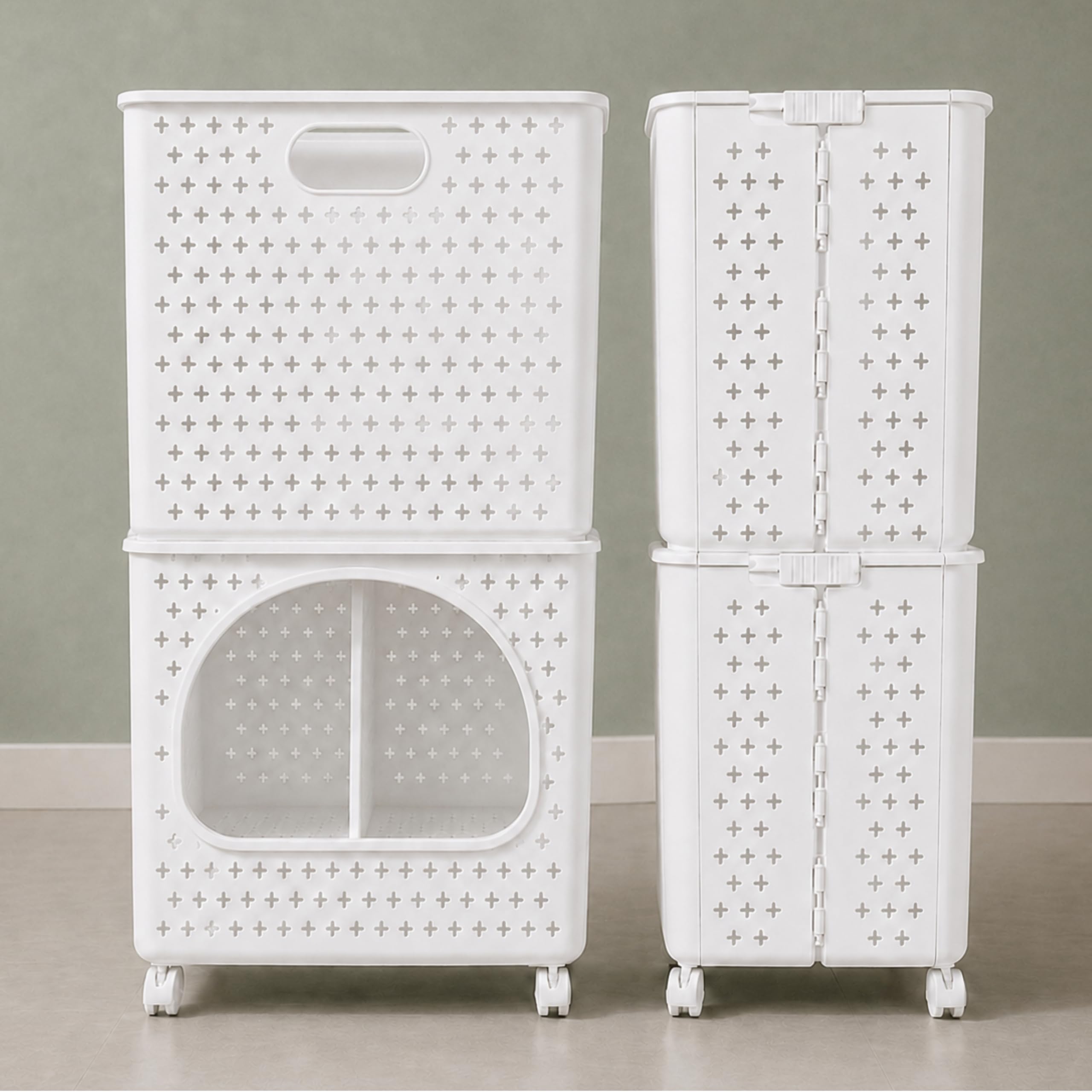 Foldable Laundry Basket with Wheels, Stackable 2-Tier Storage Organizer, Breathable Plastic Hamper with Handles for Clothes, Toys, Books & Laundry Use-image-33