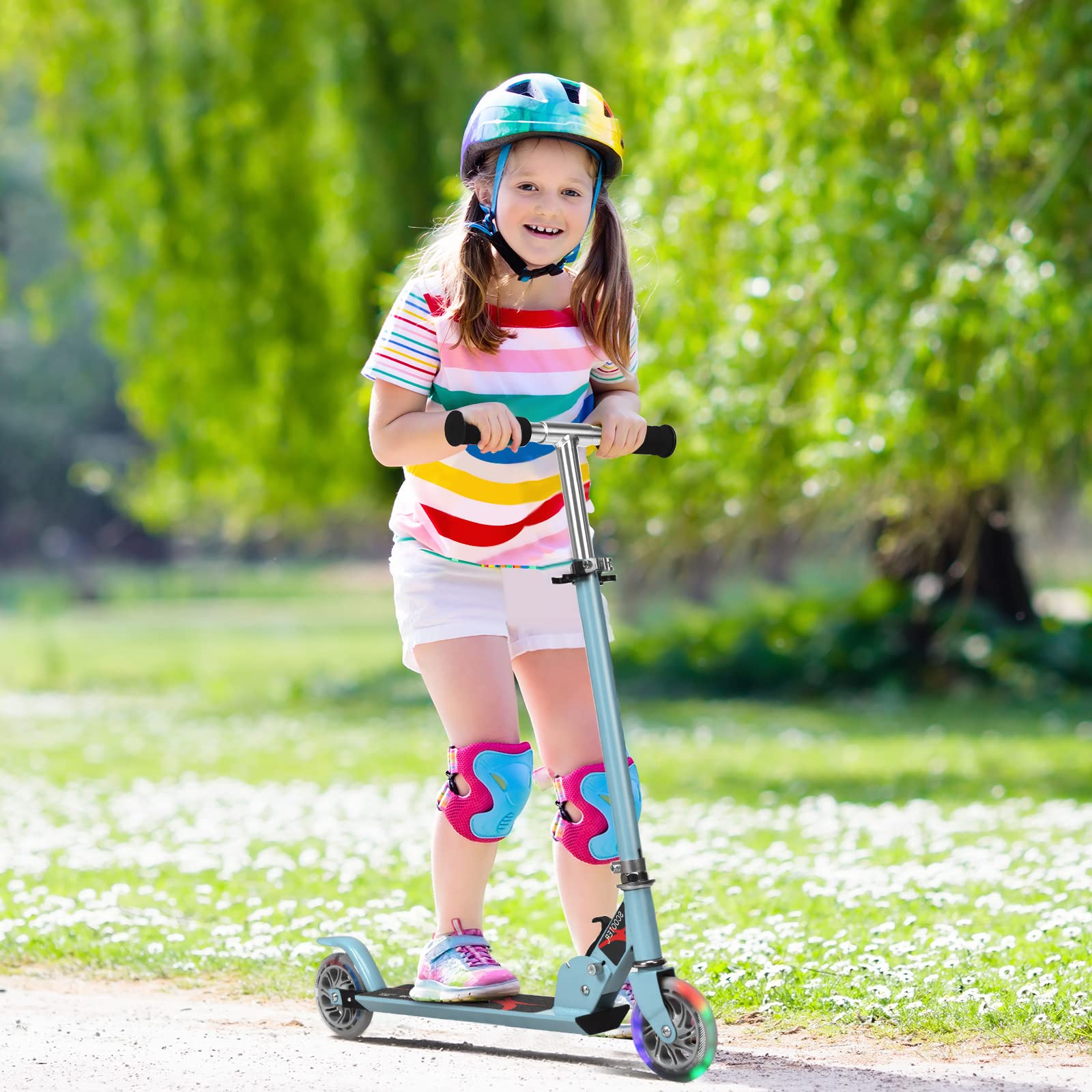 GOPLUS Monopattino Pieghevole a 2 Ruote Luminose Scotter Altezza Regolabile a 3 Livelli per Bambini 4-13 Anni, Alluminio, 70kg (Azzurro)