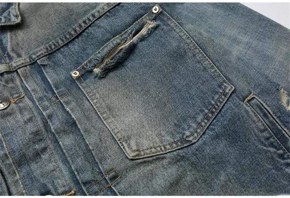 Washed Ripped Men's Denim Jacket Lapel Button Loose Classic Outerwear