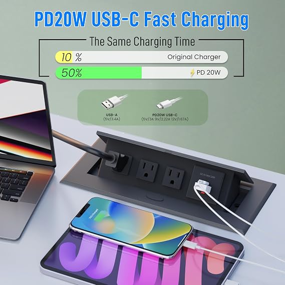 Power Hub for Conference Table PD20W USB-C Fast Charging, Black+Silver