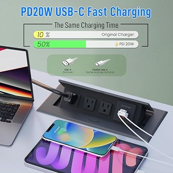 Power Hub for Conference Table PD20W USB-C Fast Charging, Black+Silver