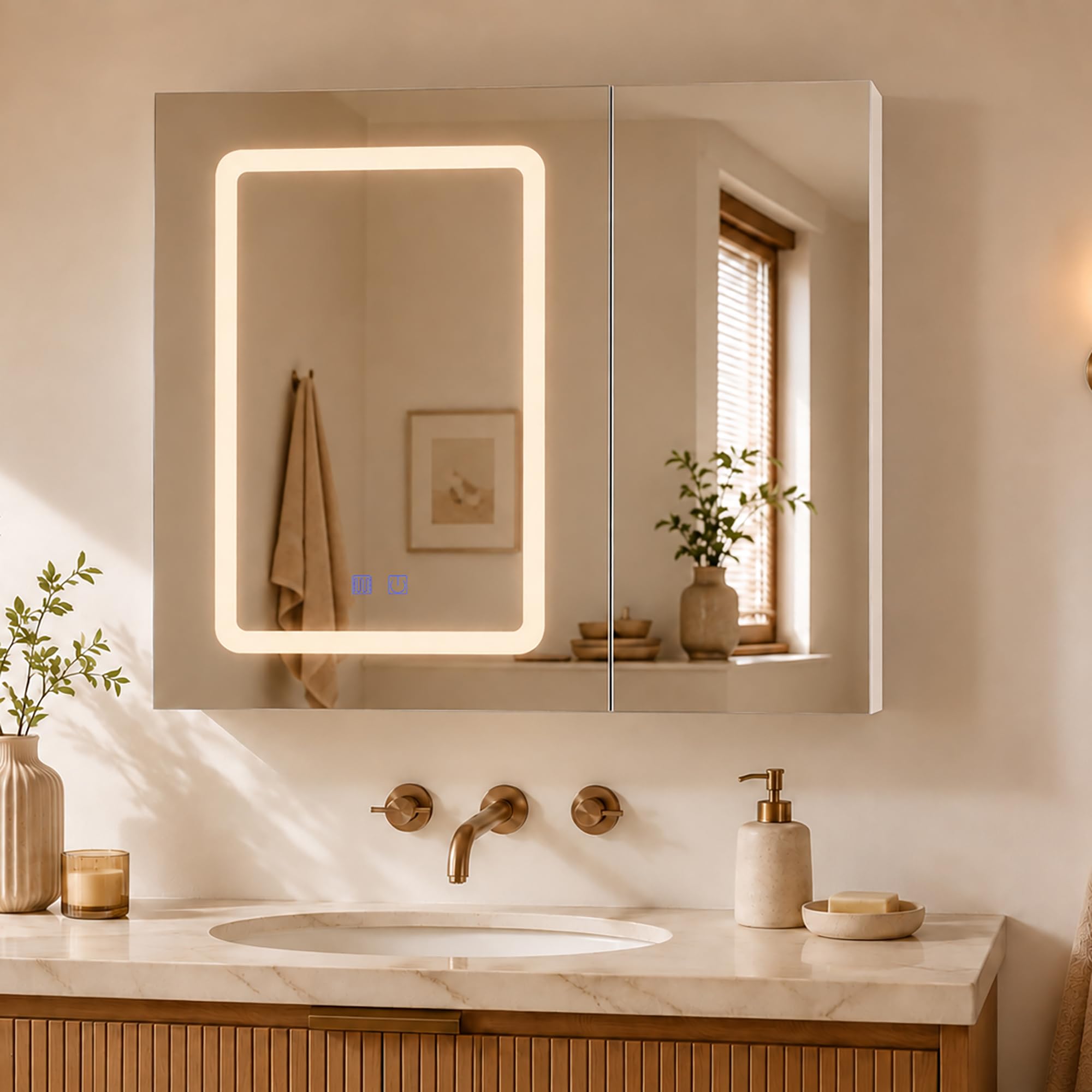 Armario de baño con espejo y luz LED, espejo de baño con almacenamiento, función antiniebla, 3 temperaturas, con estante ajustable, estilo moderno (70 x 13,5 x 60)