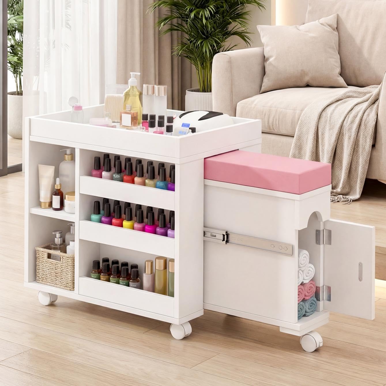 Pedicure Trolley Cart with Foot Rest, Extendable Mobile Pedicure Station Foot Stool Stand with Adjustable Shelves, Storage Cabinet & Wheels for Nail Tech Beauty Salon Spa & Home, 33.4" L