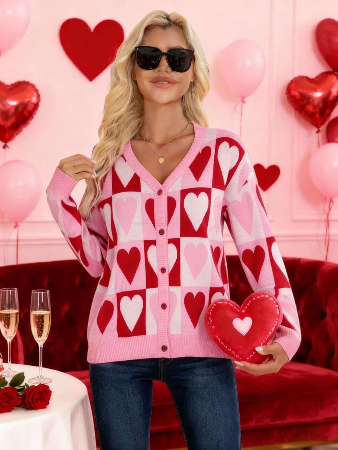 NEWWEN Valentines Cardigan Sweaters for Women Heart Graphic Knit Sweater Button Down V Neck Open Front Outerwear - Image 4