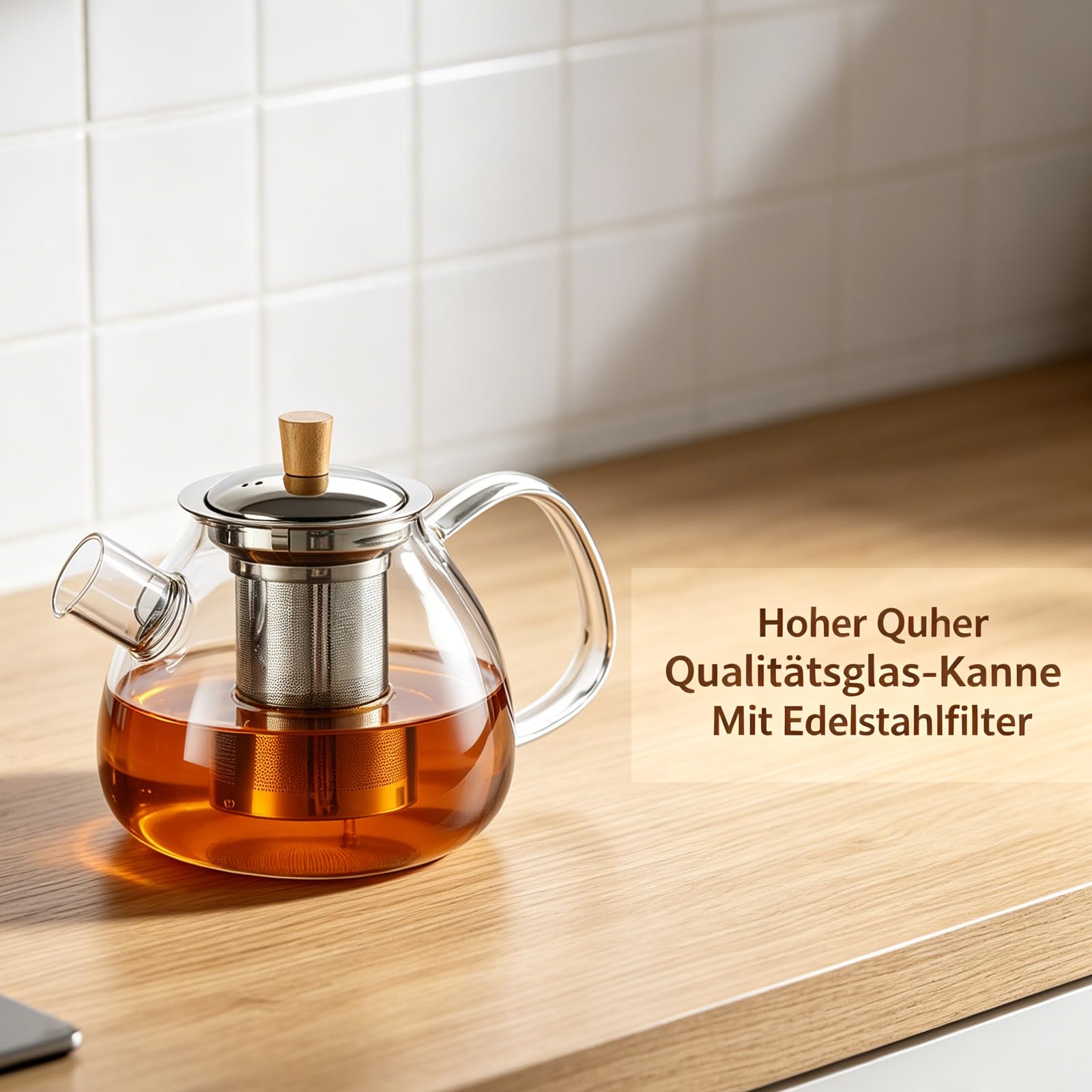 Glas Teekanne mit Siebeinsatz, 1,5 Liter Verstärkte Glasstärke Robuster Teapot, Glasteekanne für Grüntee, Schwarzen Tee, Duftenden Früchtetee