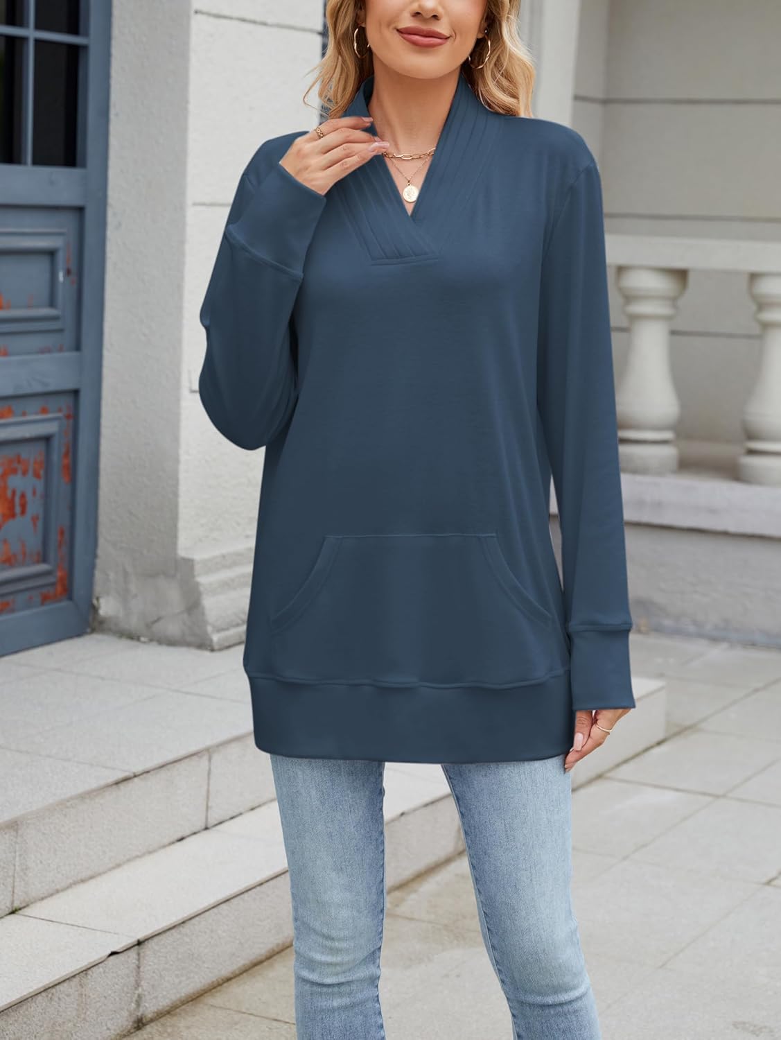 Famulily Womens Long Sleeve Pleated V Neck Sweatshirts Casual Loose Tunic Tops with Kangaroo Pocket - Image 2