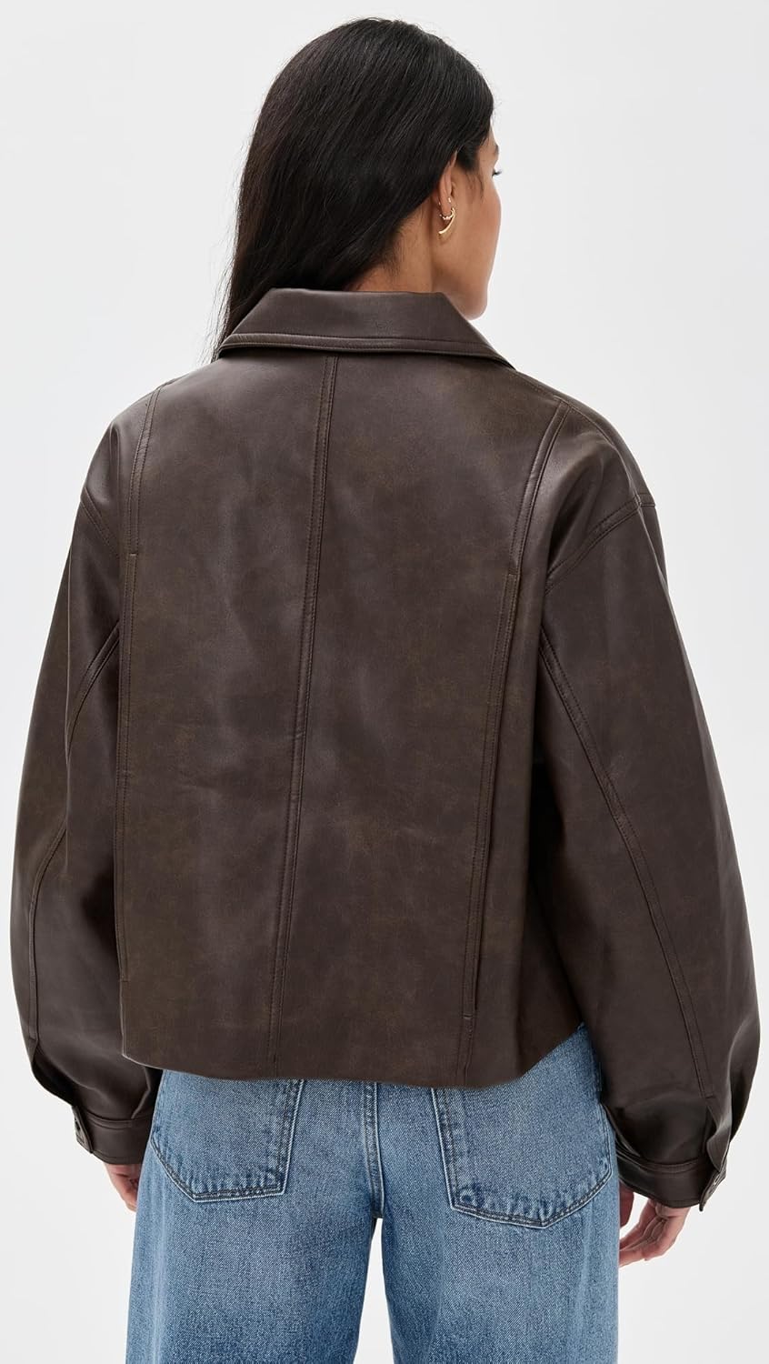 Pixie Market Women's Brown Patch Pocket Faux Leather Jacket - Image 3