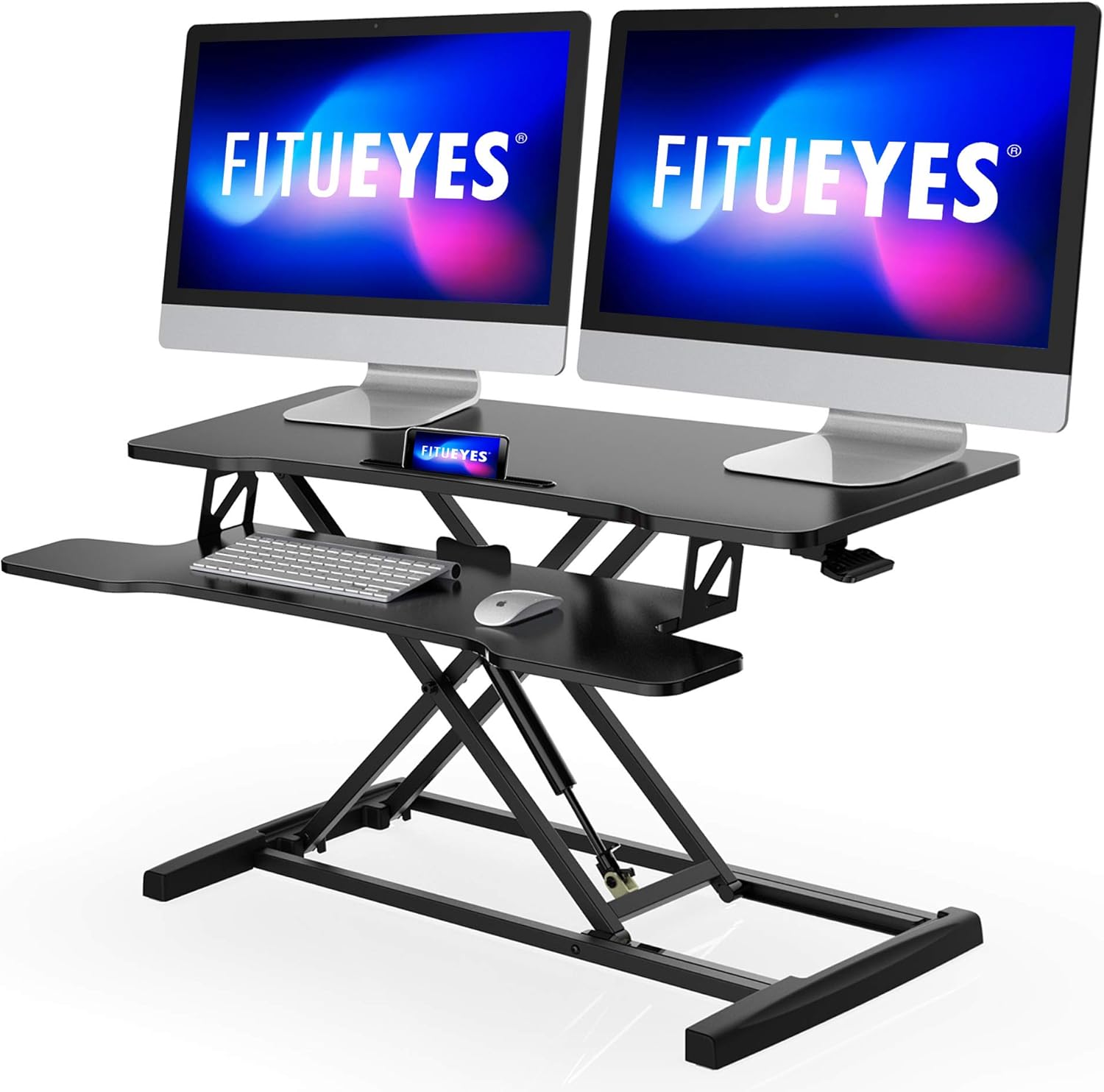 FITUEYES Height Adjustable Standing Desk 32” Wide Sit to Stand Converter Stand Up Desk Tabletop Workstation for Dual Monitor Riser FSD308001WB
