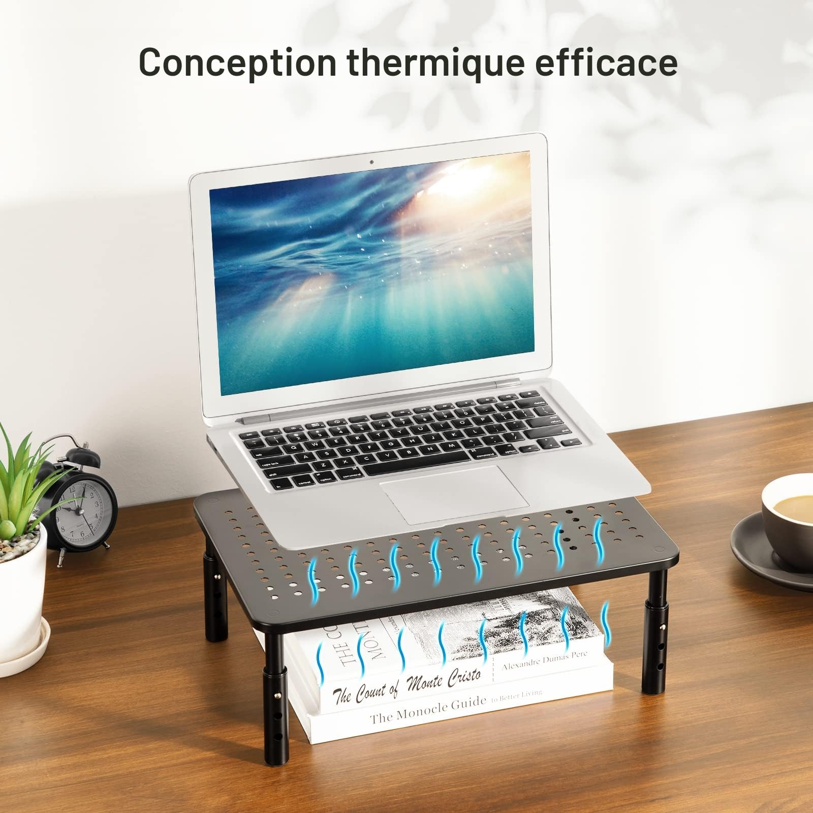HUANUO Support élévateur pour moniteur 3 hauteurs ergonomiques ajustables avec trous d'aération pour moniteur, ordinateur portable, imprimante (2 paquets)