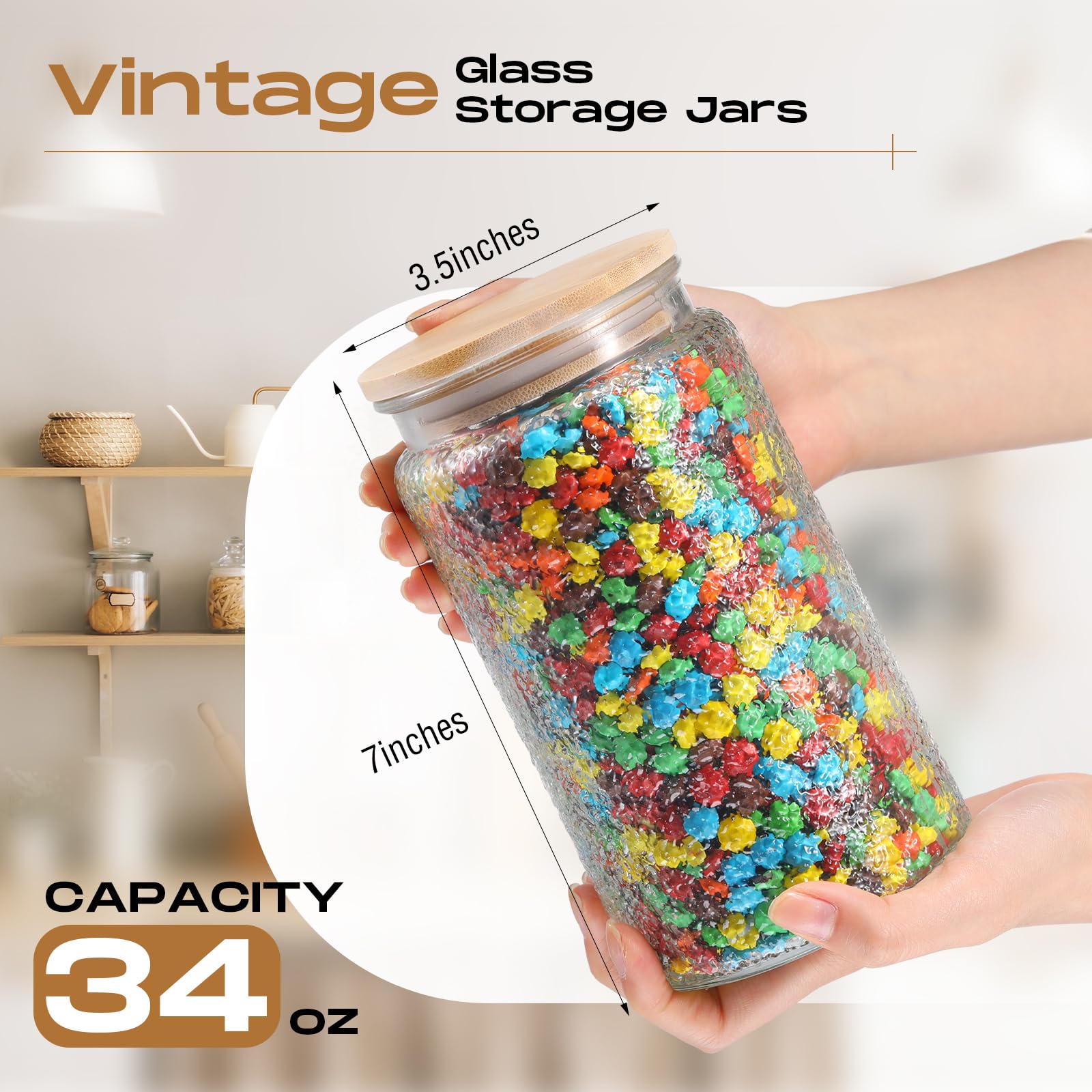 Domensi 6 tarros de almacenamiento de vidrio vintage de 34 onzas herméticos con tapa de bambú, tarros sellados de vidrio vintage para encimera de cocina, despensa, grano de café, granos, té