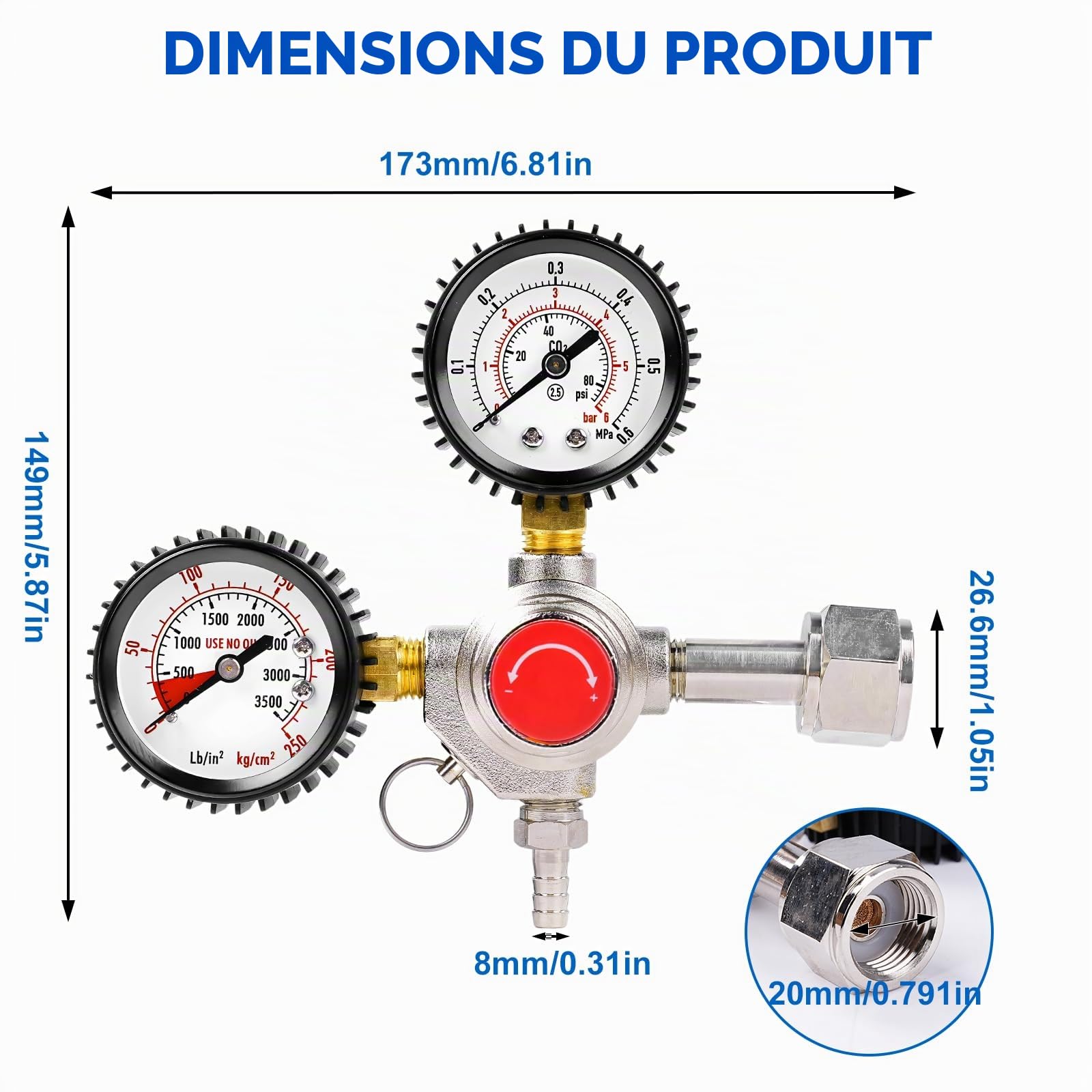 Détendeur Bière Régulateur de Pression CO2, avec Double Manomètre | en Alliage de Cuivre et d’aluminium, Raccord W21,8 x 1/14", pour Distributeurs de Bière, Brassage de Bière, Tireuse à Bière