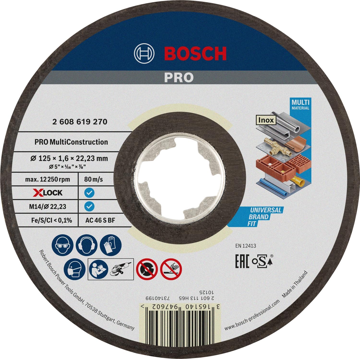 Bosch Professional 2608619270 Straight Cutting Disc for MultiMaterial, X-Lock, Diameter 125 mm, Bore Diameter 22.23 mm, Thickness 1.6 mm
