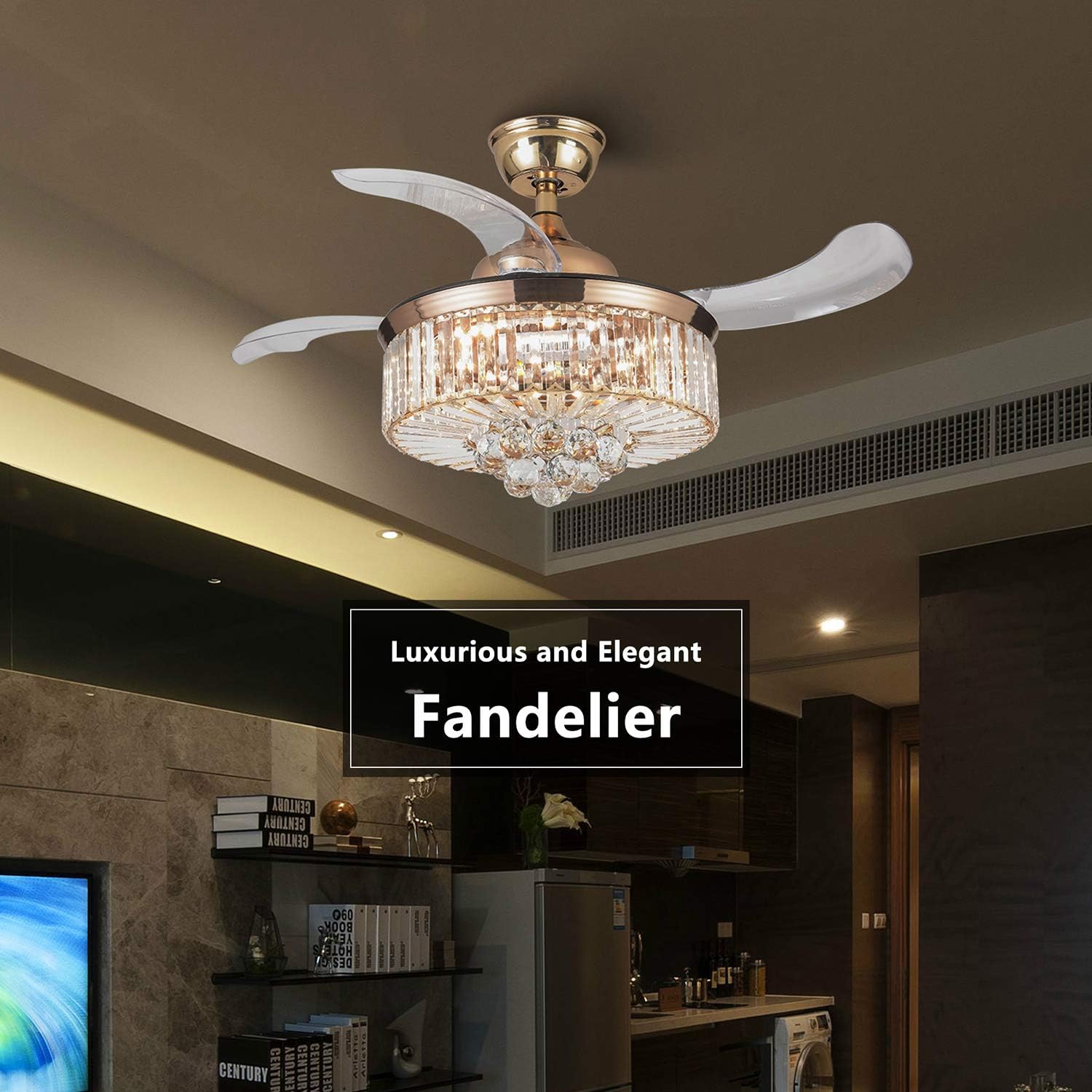 Review Product Modern Golden Crystal Ceiling Fan with Lights and Remote Chandelier with Retractable Reversible Blades, 36 inch Fandelier with LED Light Kit Polishing Gold