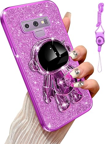 Shiny Astronaut Phone Case for Galaxy Note 9 Phone Case - Sparkle Glitter Case for Women Girls with 6D Hidden Kickstand, Bling Electroplated Bumper, Soft TPU Protective Cover Mystic Purple