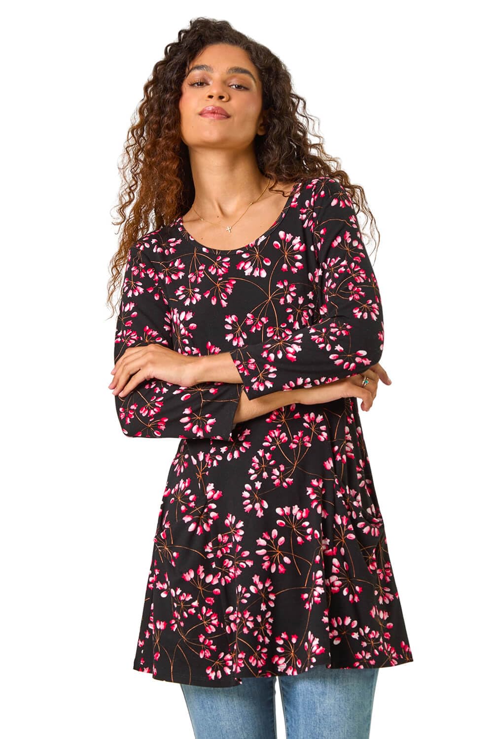 Roman Originals Swing Top with Pockets for Women UK Ladies Hanky Hem Asymmetric Tunic Blouse Longline Long Stretch Jersey Casual Round NeckTee Shirt T-Shirt - Pink - Size 10