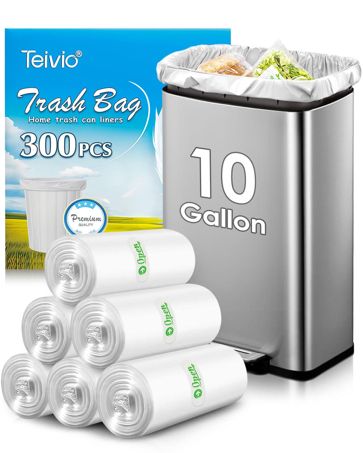 Photo 1 of 10 Gallon 300 Counts Medium Trash Bags Tall Kitchen Garbage Bags by Teivio, 9 Gallon 10 Gallon 11 Gallon,Bathroom Trash Can Bin Liners, Intended for Home,Plastic Bags for office kitchen, Clear